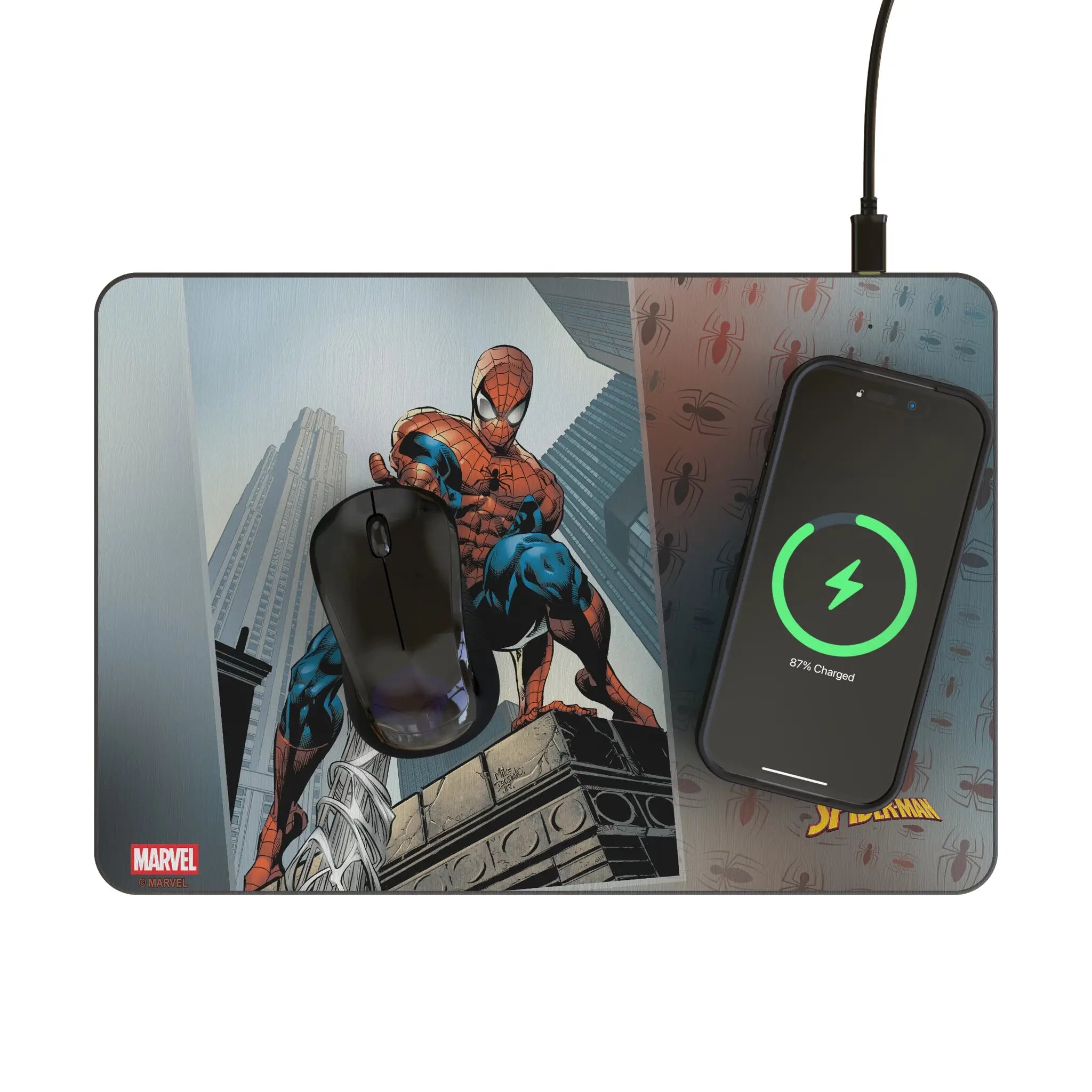 Marvel Spider-Man Cover Art 15-Watt Wireless Charger and Mouse Pad - Lifestyle