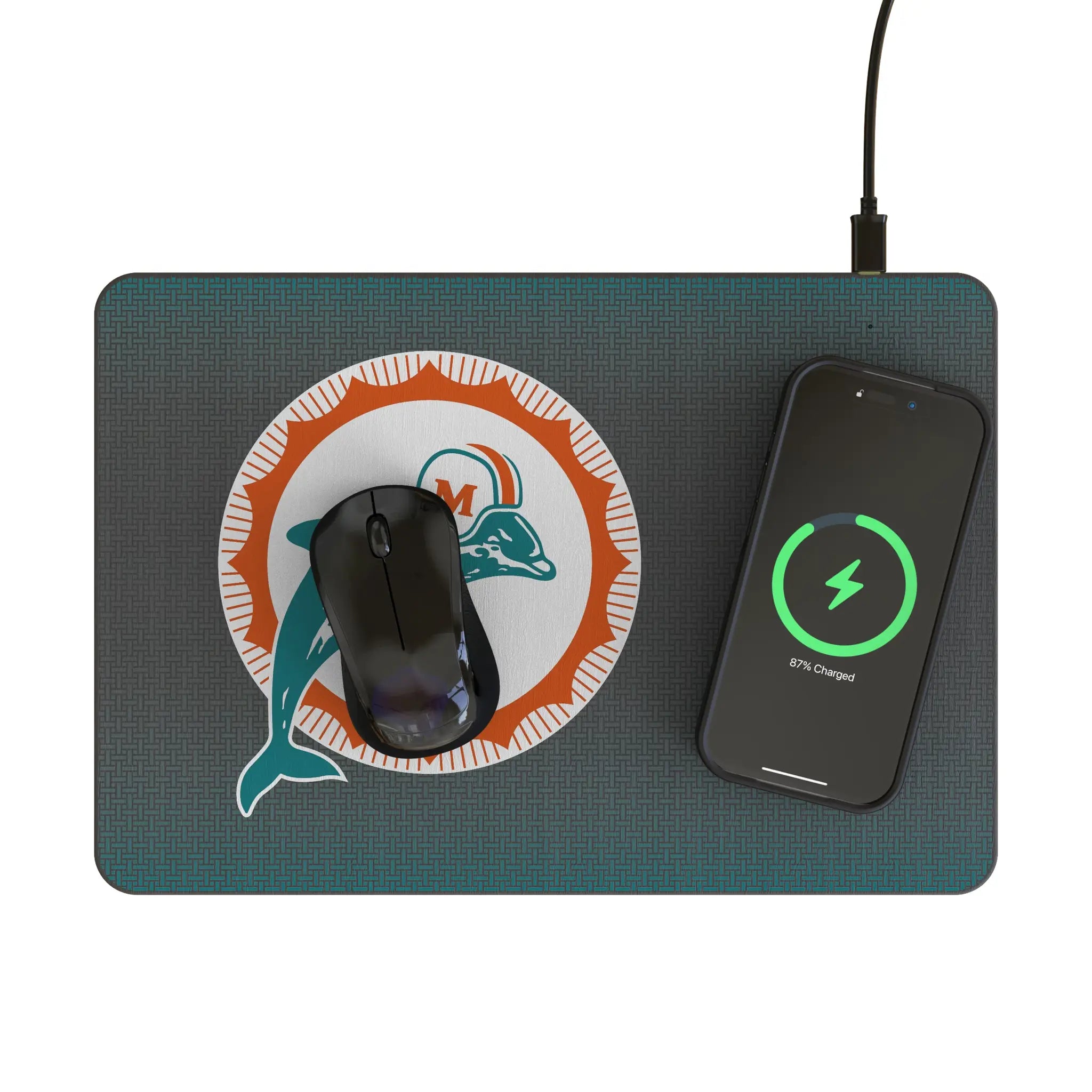Miami Dolphins 1966-1973 Historic Collection Linen 15-Watt Wireless Charger and Mouse Pad - Lifestyle