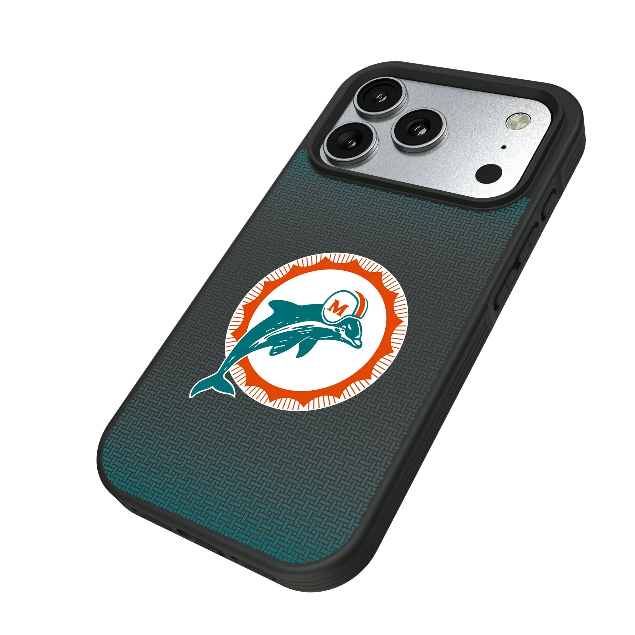 Miami Dolphins 1966-1973 Historic Collection Linen iPhone Bump Phone Case for Apple iPhone - Isometric View#Device_iPhone 17 Pro