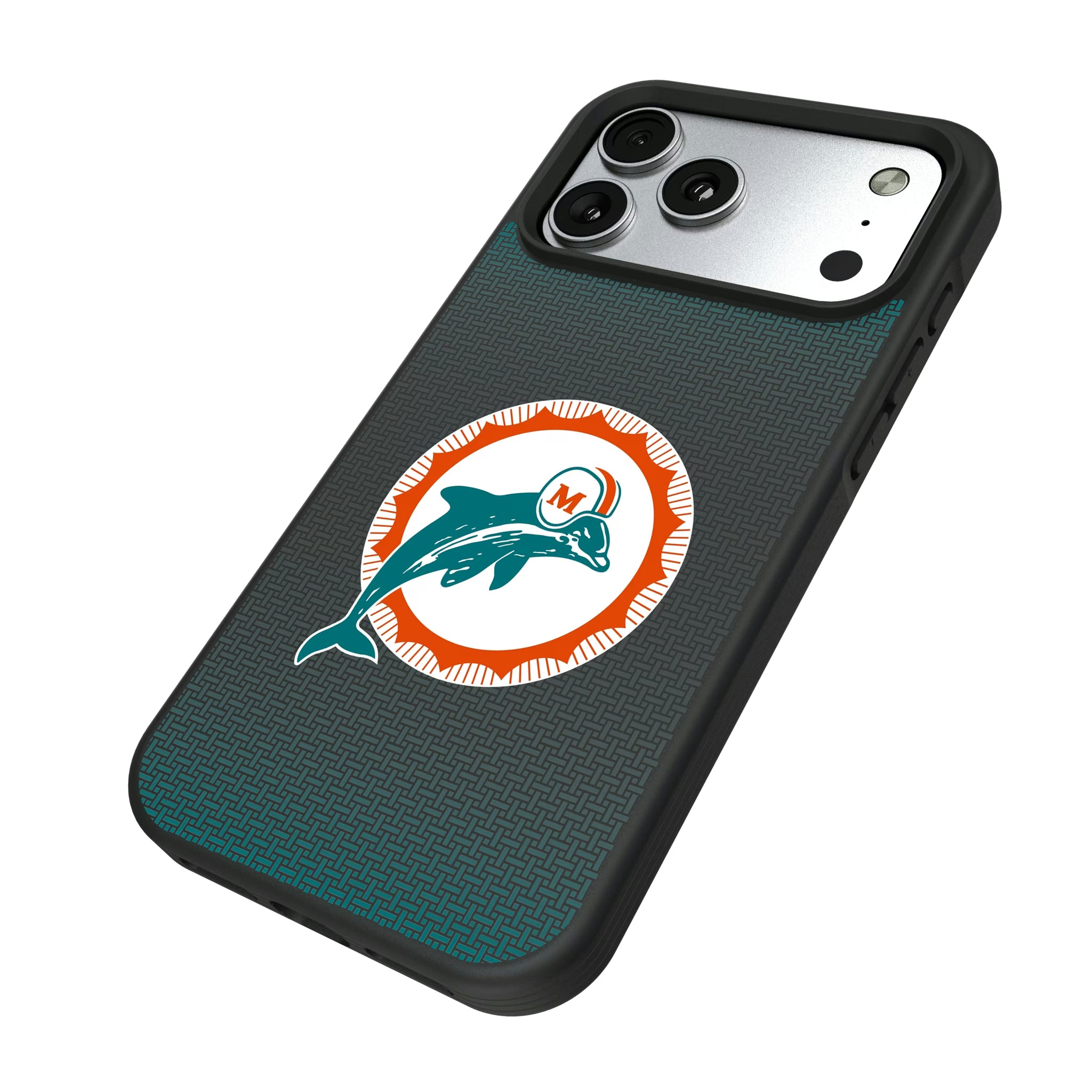 Miami Dolphins 1966-1973 Historic Collection Linen iPhone Bump Phone Case for Apple iPhone - Isometric View#Device_iPhone 17 Pro Max