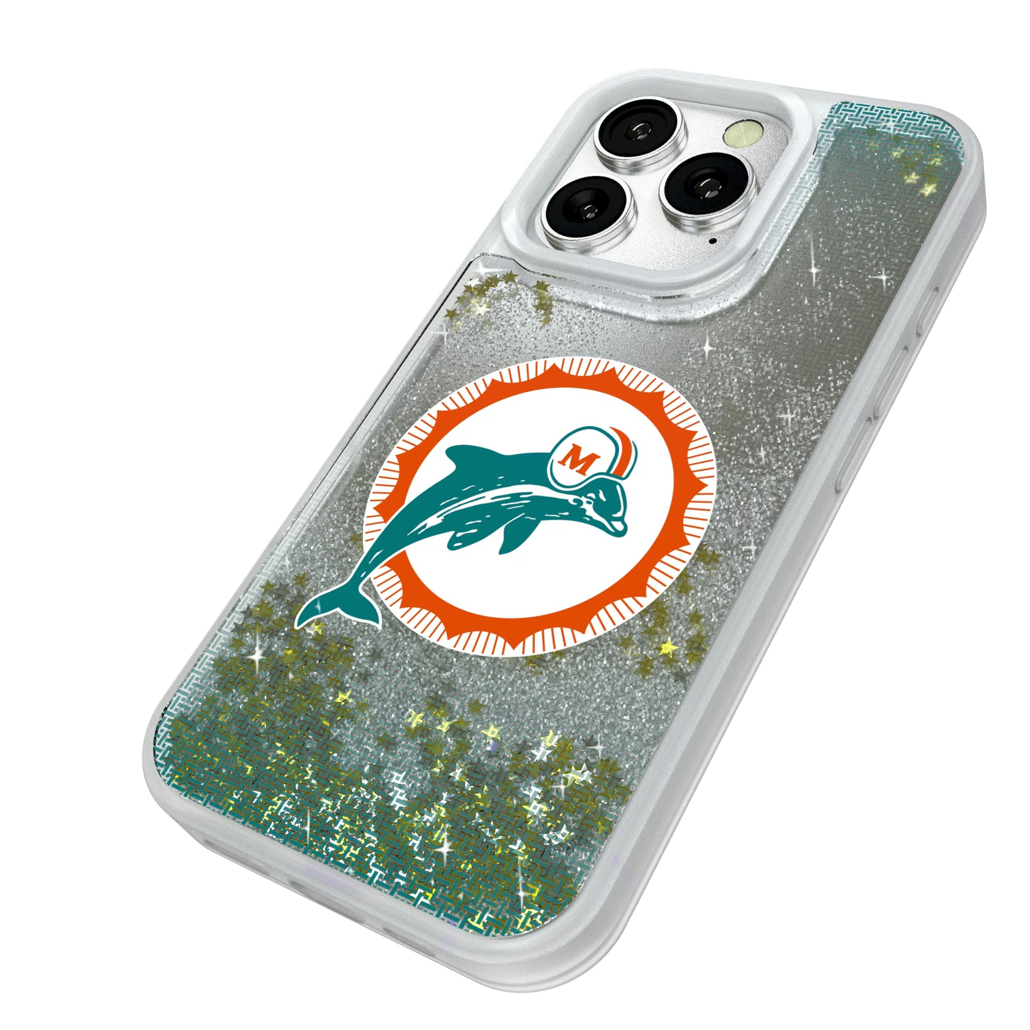 Miami Dolphins 1966-1973 Historic Collection Linen iPhone Glitter Phone Case for Apple iPhone - Isometric View#Device_iPhone 16 Pro