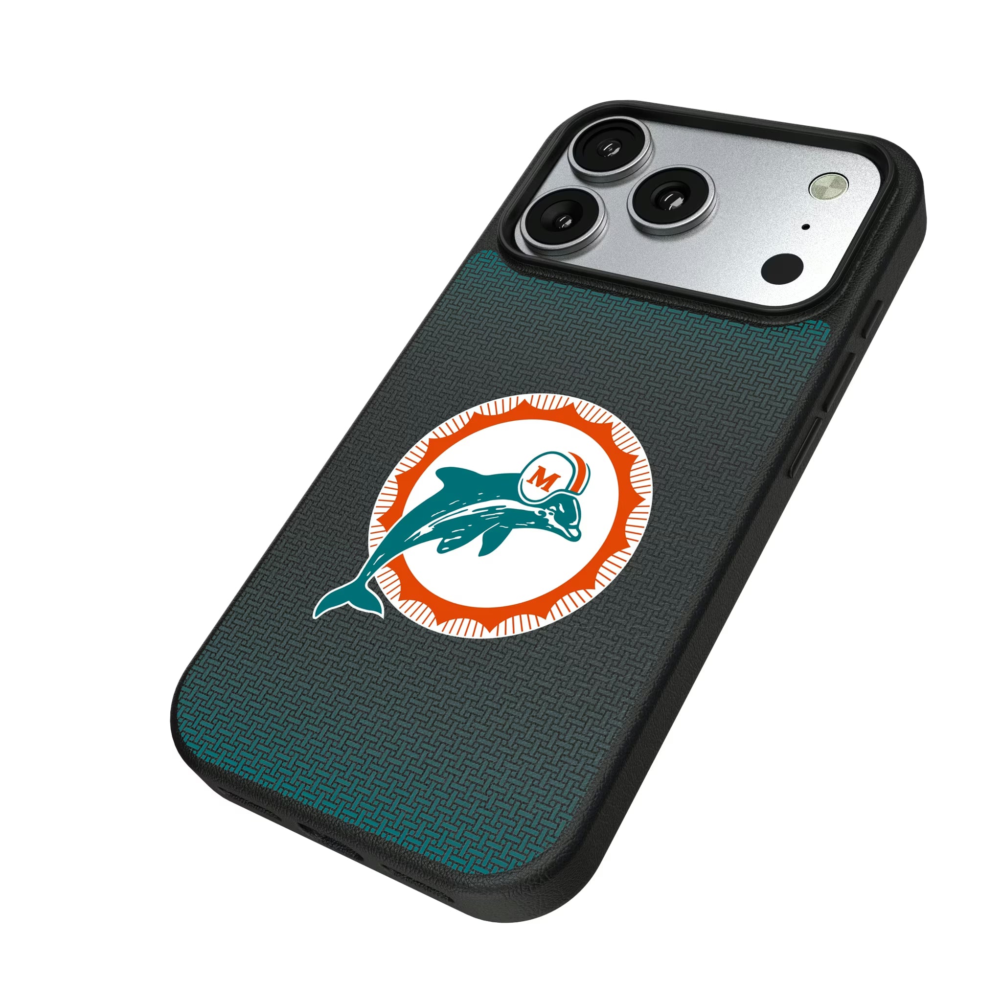 Miami Dolphins 1966-1973 Historic Collection Linen iPhone MagSafe Compatible Phone Case for Apple iPhone - Isometric View#Device_iPhone 17 Pro