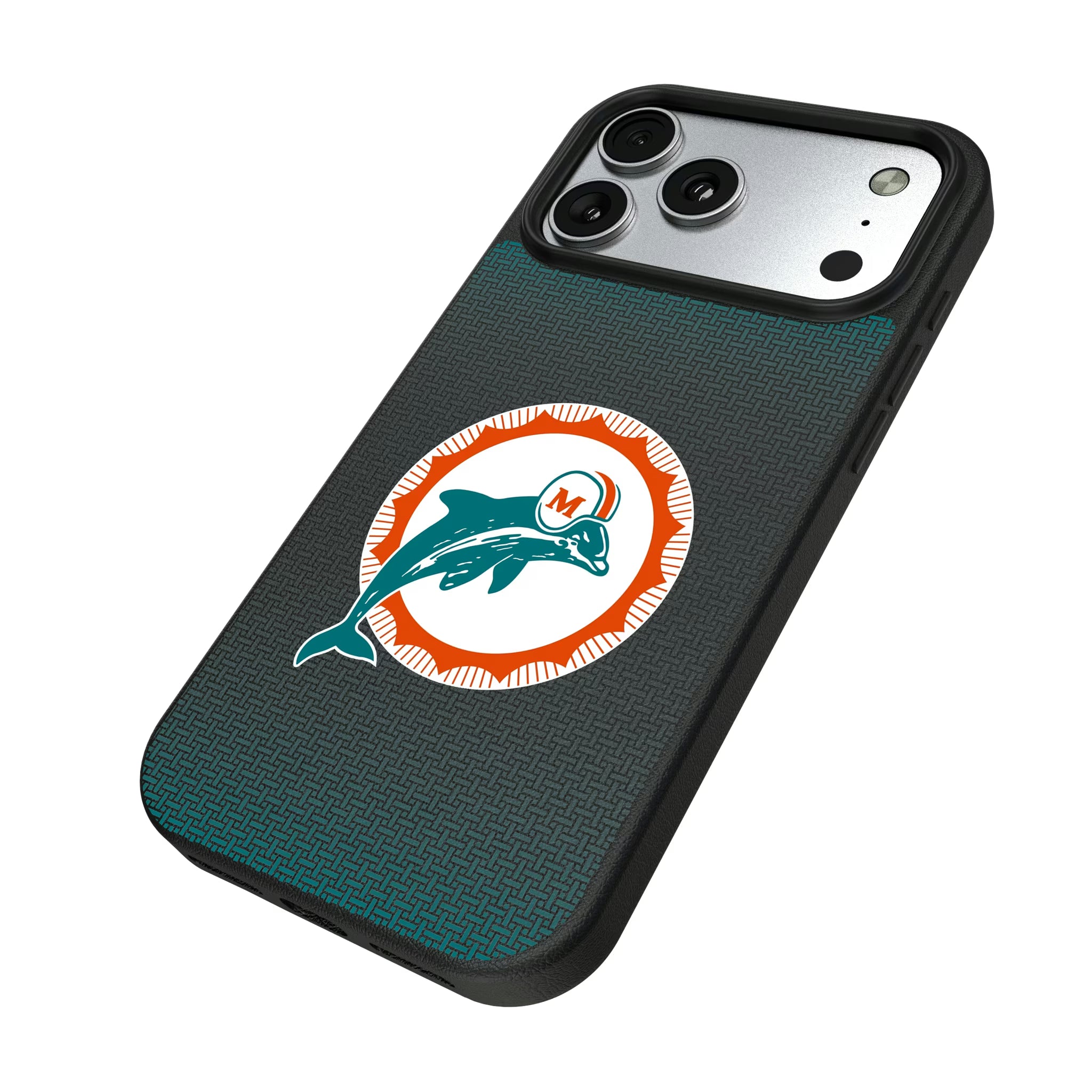 Miami Dolphins 1966-1973 Historic Collection Linen iPhone MagSafe Compatible Phone Case for Apple iPhone - Isometric View#Device_iPhone 17 Pro Max