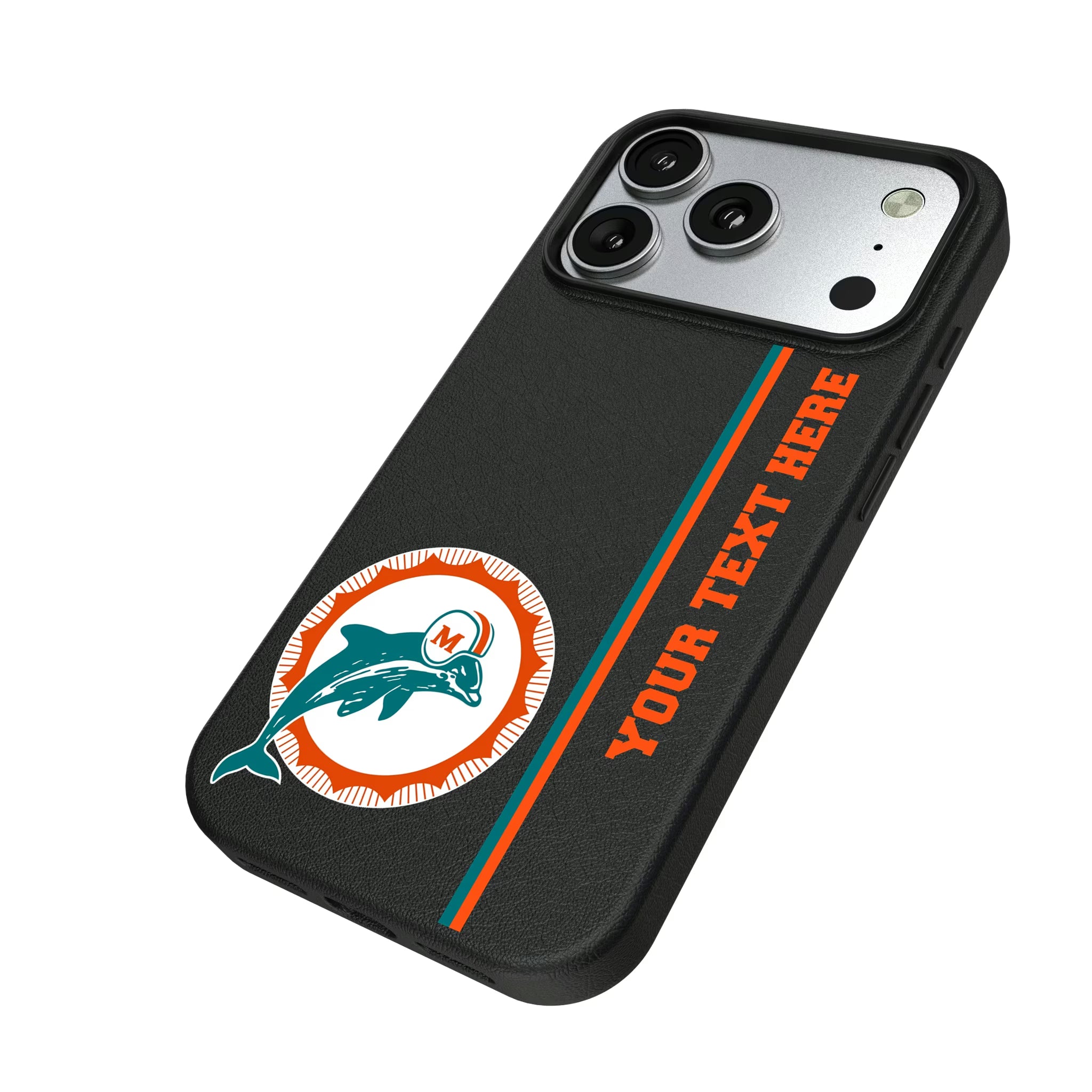 Miami Dolphins 1966-1973 Historic Collection Personalized Sidebard iPhone MagSafe Compatible Phone Case for Apple iPhone - Isometric View#Device_iPhone 17 Pro