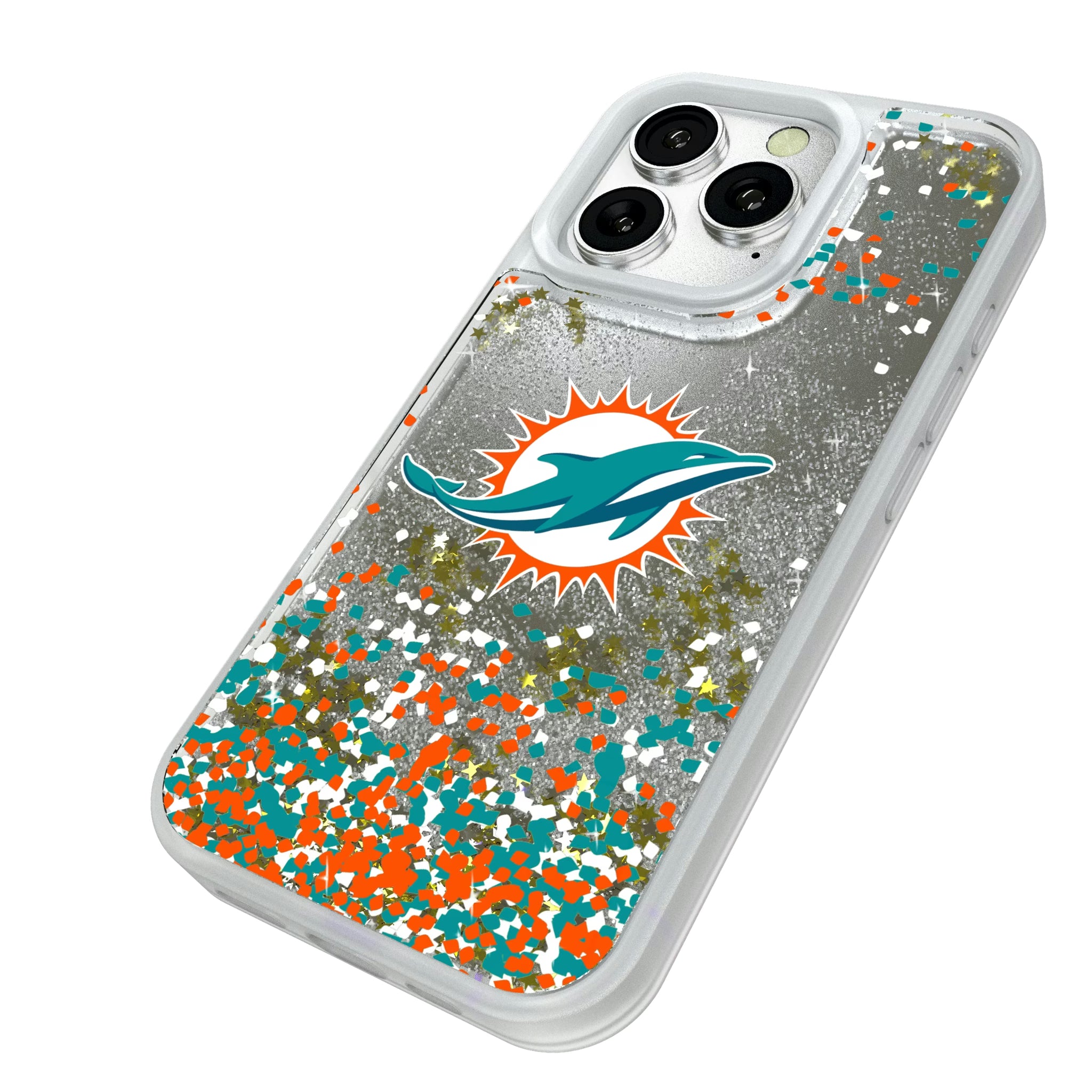 Miami Dolphins Confetti iPhone Glitter Phone Case for Apple iPhone - Isometric View#Device_iPhone 16 Pro