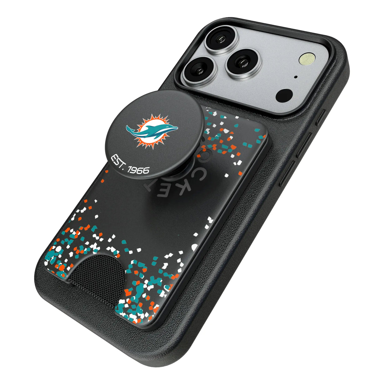Miami Dolphins Confetti Popsockets Wallet Magnetic - Isometric View