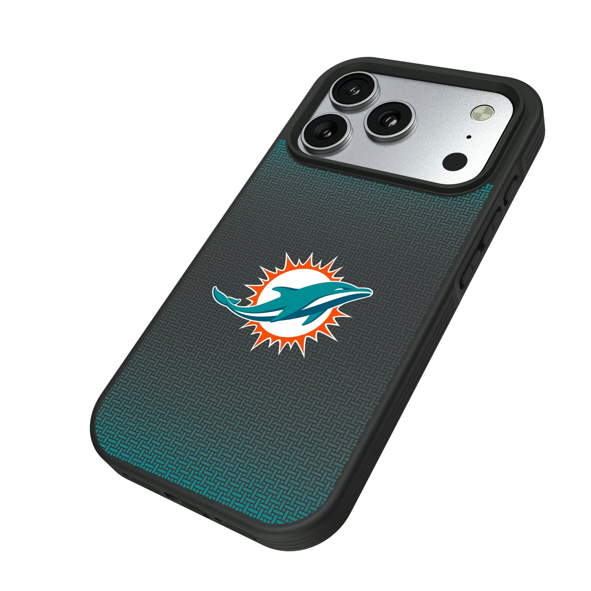 Miami Dolphins Linen iPhone Bump Phone Case for Apple iPhone - Isometric View#Device_iPhone 17 Pro