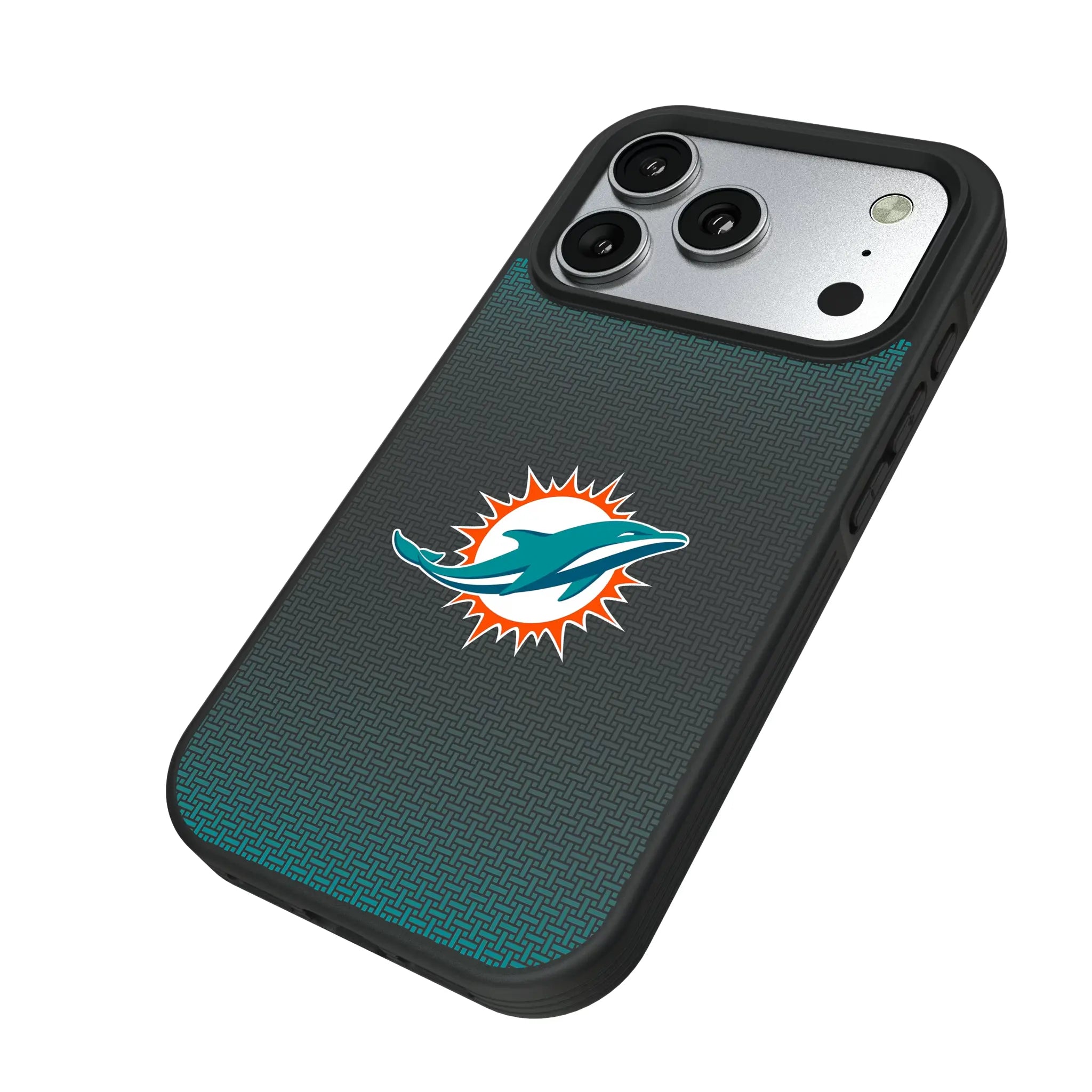 Miami Dolphins Linen iPhone Bump Phone Case for Apple iPhone - Isometric View#Device_iPhone 17 Pro