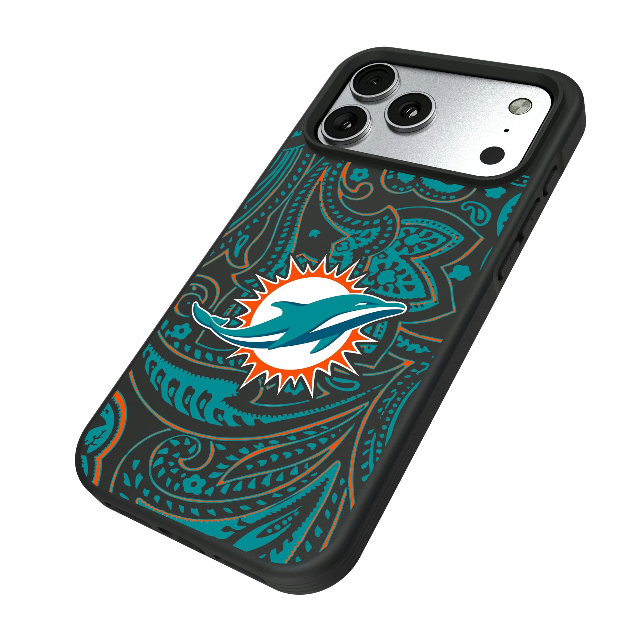 Miami Dolphins Paisley iPhone Bump Phone Case for Apple iPhone - Isometric View#Device_iPhone 17 Pro Max