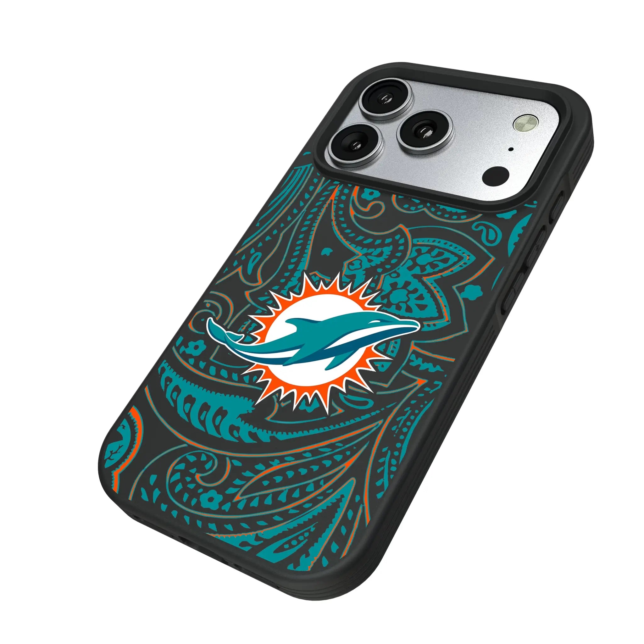 Miami Dolphins Paisley iPhone Bump Phone Case for Apple iPhone - Isometric View#Device_iPhone 17 Pro
