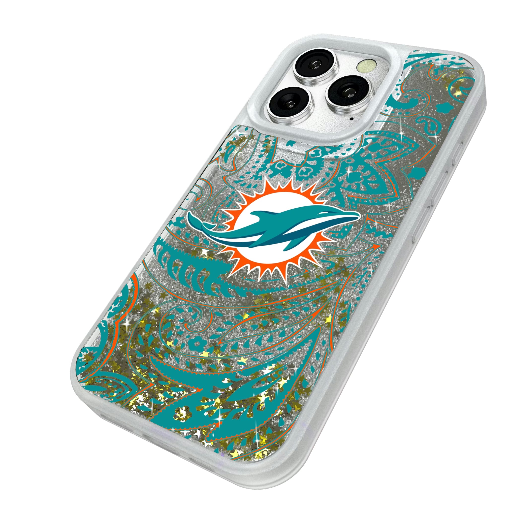 Miami Dolphins Paisley iPhone Glitter Phone Case for Apple iPhone - Isometric View#Device_iPhone 16 Pro