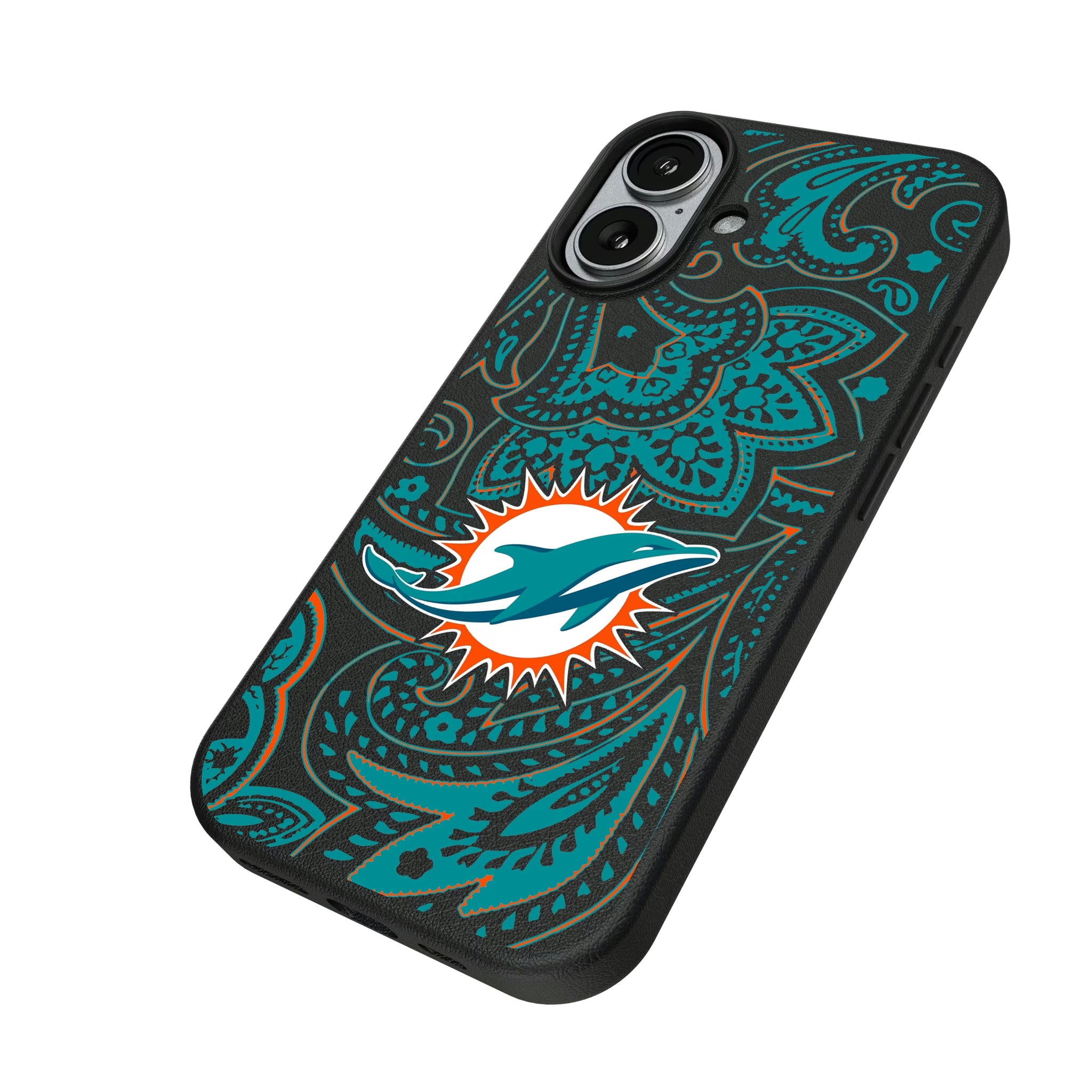 Miami Dolphins Paisley iPhone MagSafe Compatible Phone Case for Apple iPhone - Isometric View#Device_iPhone 17