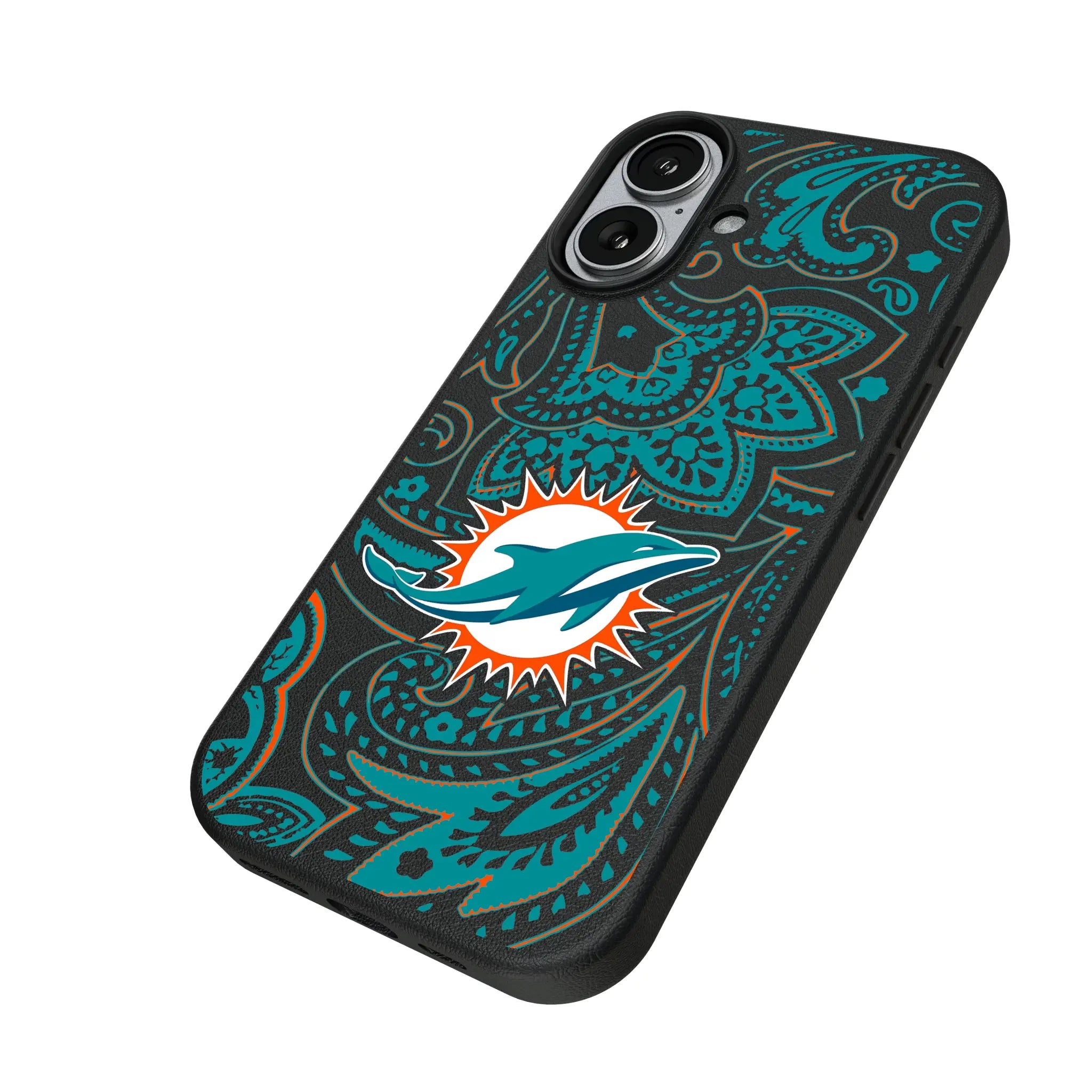 Miami Dolphins Paisley iPhone MagSafe Compatible Phone Case for Apple iPhone - Isometric View#Device_iPhone 17