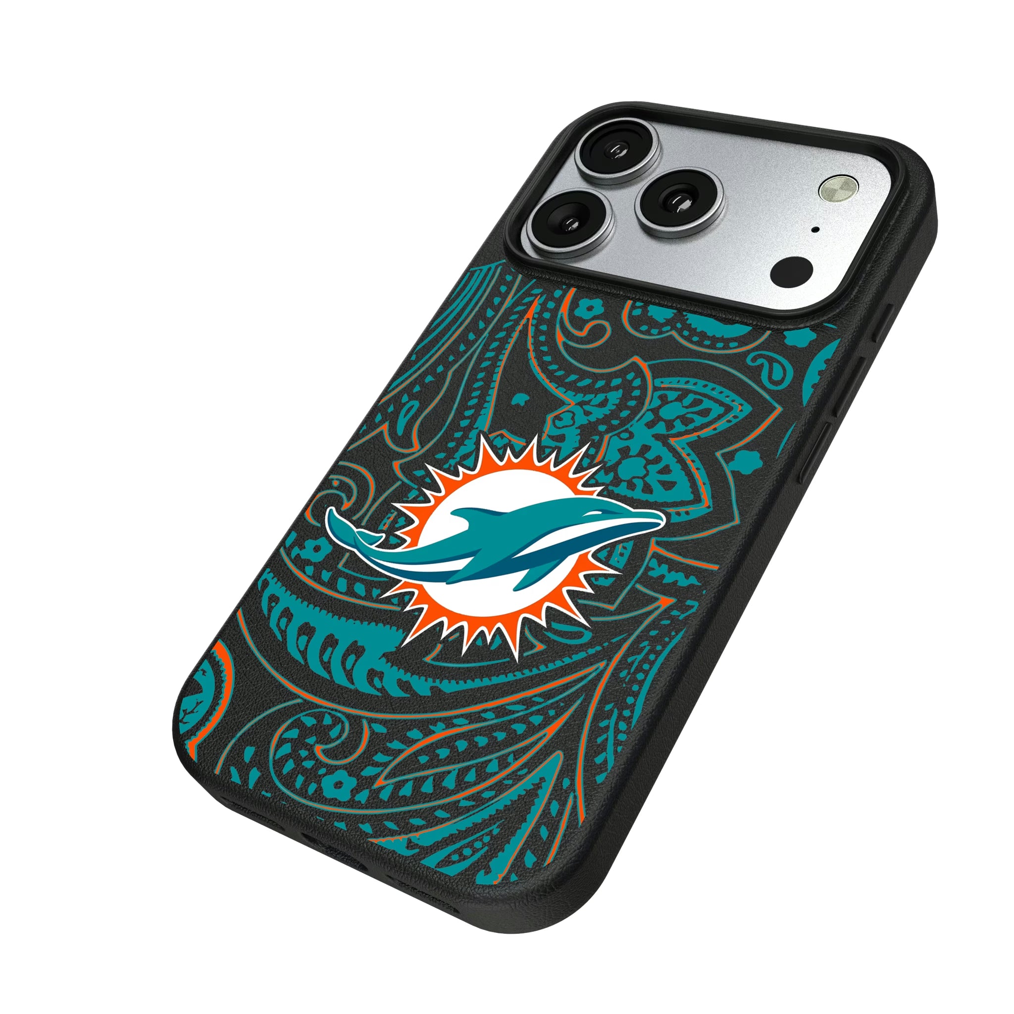 Miami Dolphins Paisley iPhone MagSafe Compatible Phone Case for Apple iPhone - Isometric View#Device_iPhone 17 Pro