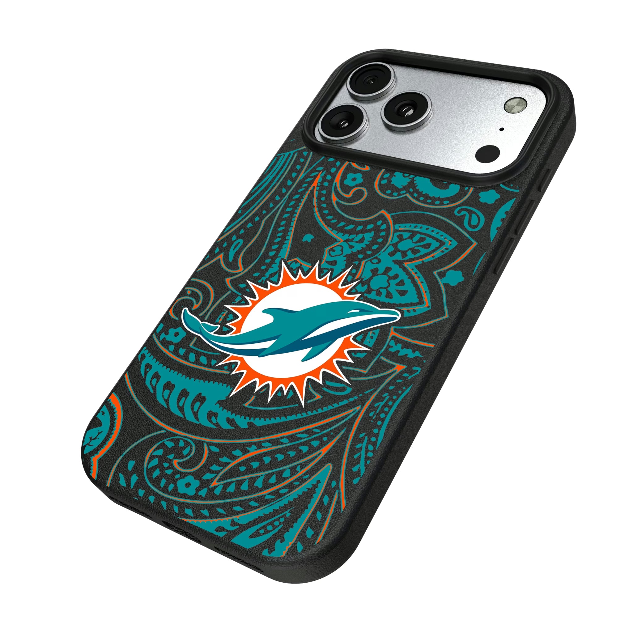 Miami Dolphins Paisley iPhone MagSafe Compatible Phone Case for Apple iPhone - Isometric View#Device_iPhone 17 Pro Max