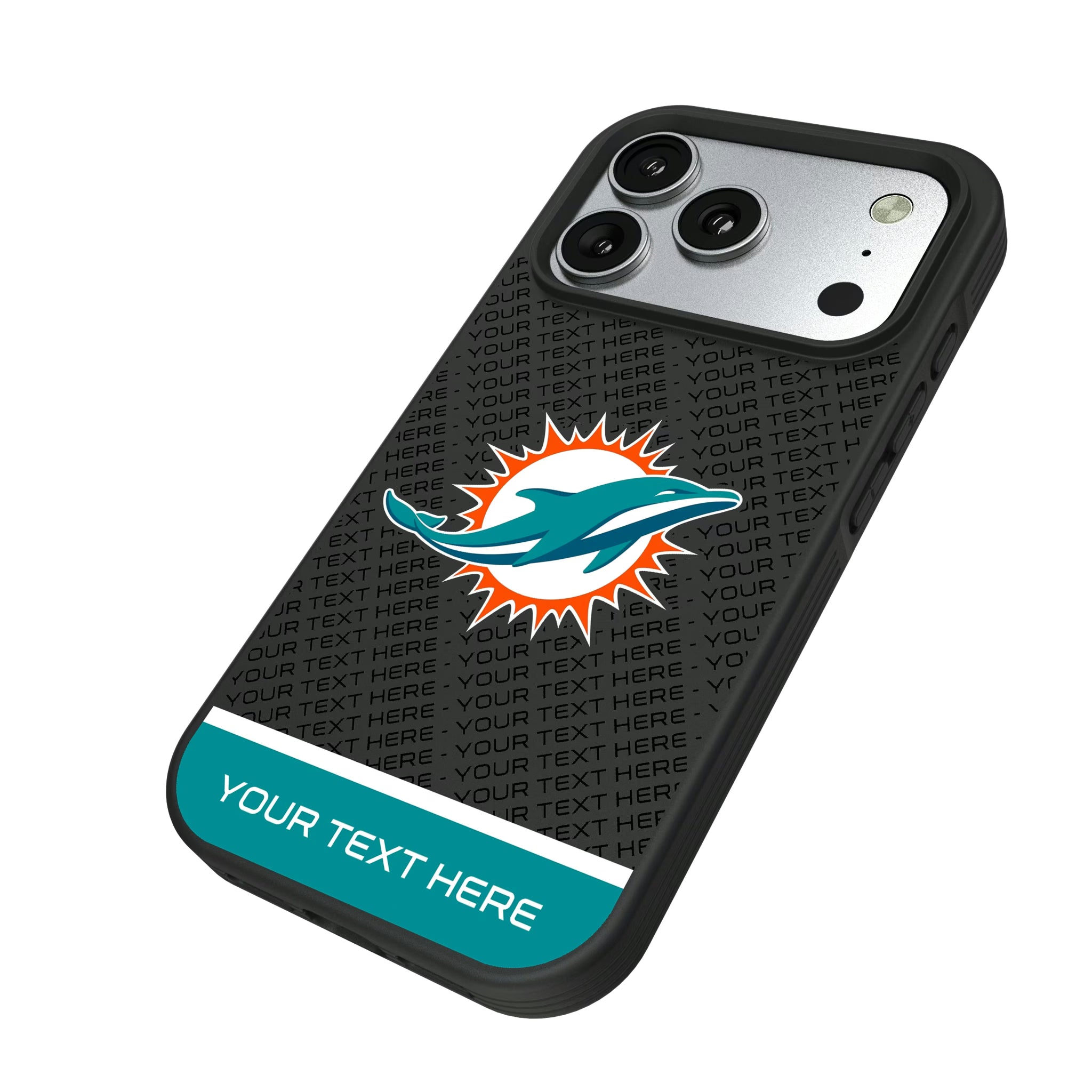 Miami Dolphins Personalized EndZone Plus iPhone Bump Phone Case for Apple iPhone - Isometric View#Device_iPhone 17 Pro