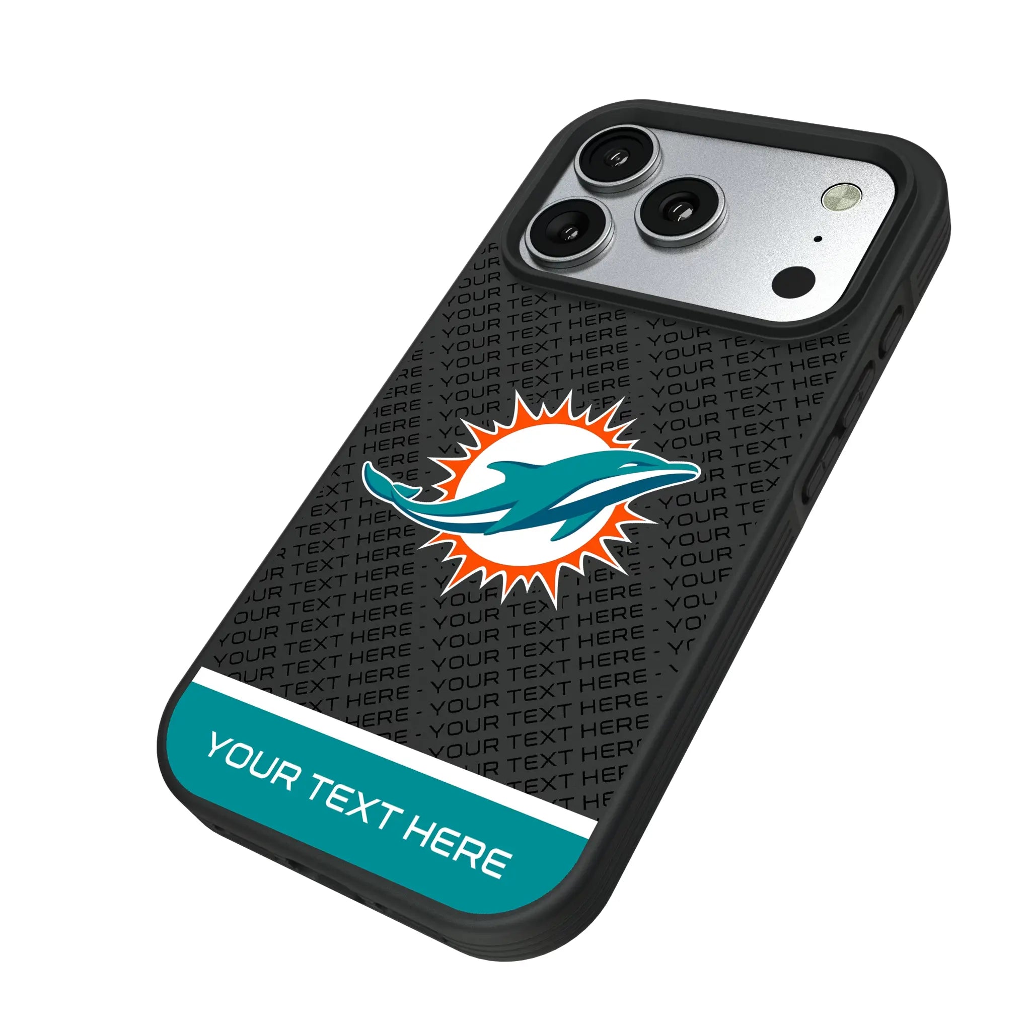 Miami Dolphins Personalized EndZone Plus iPhone Bump Phone Case for Apple iPhone - Isometric View#Device_iPhone 17 Pro