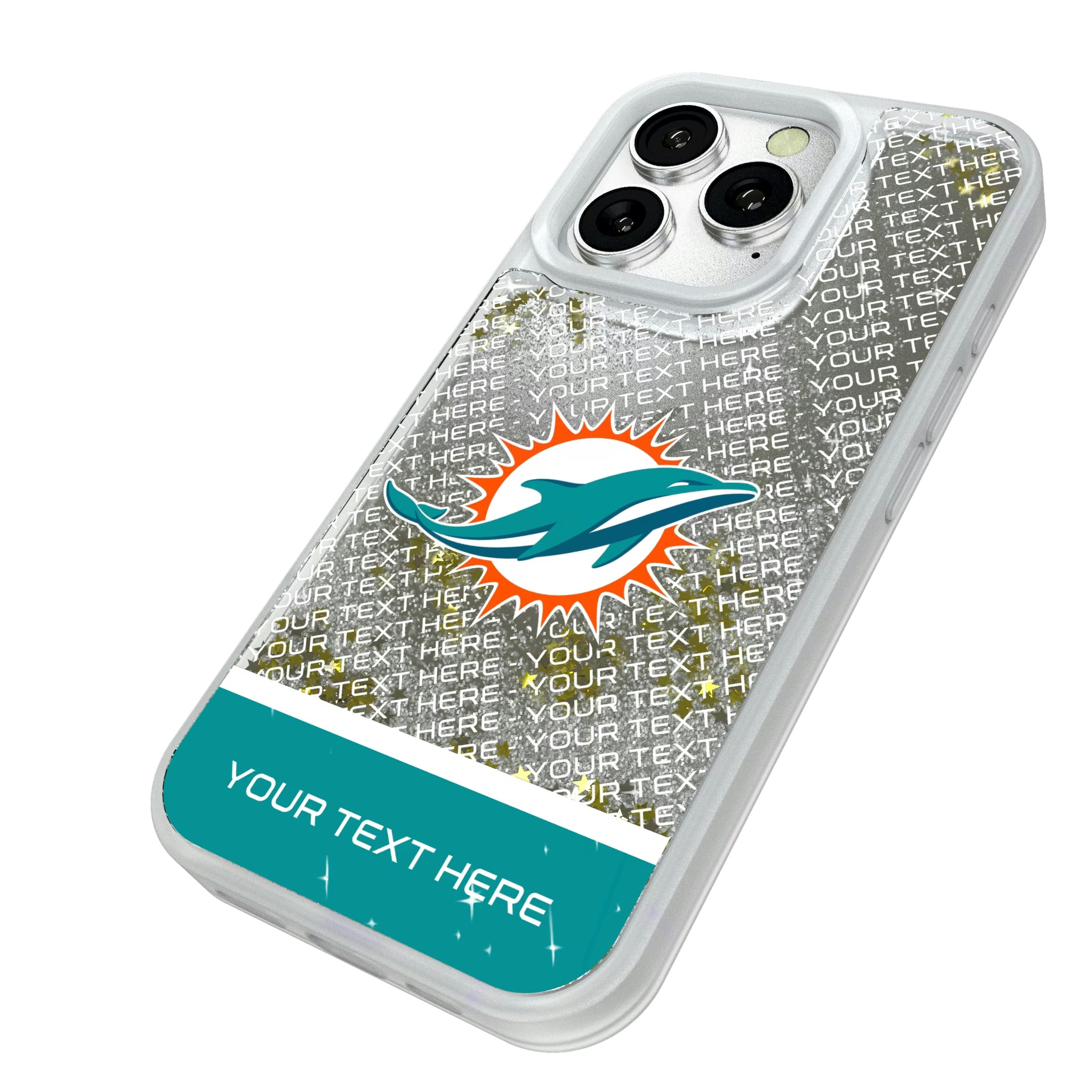 Miami Dolphins Personalized EndZone Plus iPhone Glitter Phone Case for Apple iPhone - Isometric View#Device_iPhone 16 Pro