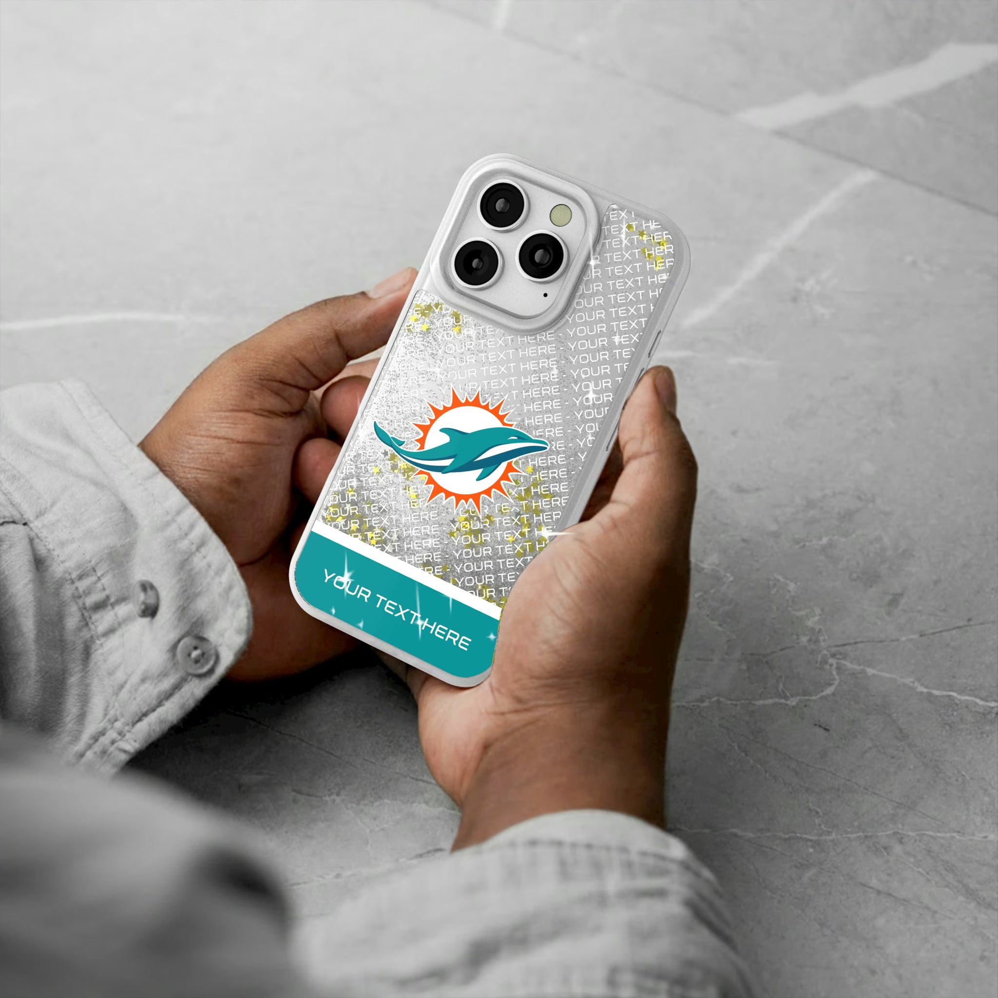 Miami Dolphins Personalized EndZone Plus iPhone Glitter Phone Case for Apple iPhone - Lifestyle#Device_iPhone 16 Pro