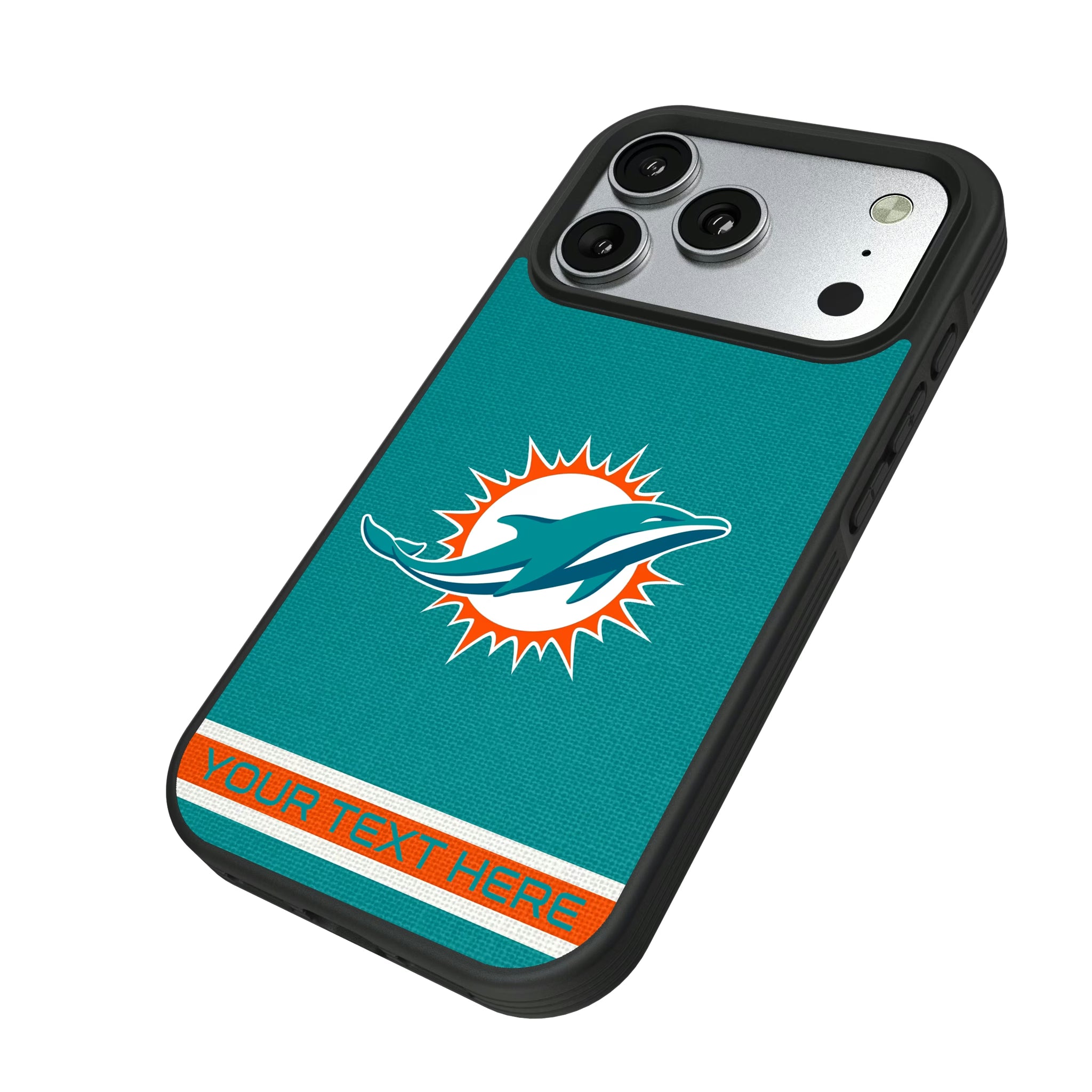 Miami Dolphins Personalized Stripe iPhone Bump Phone Case for Apple iPhone - Isometric View#Device_iPhone 17 Pro