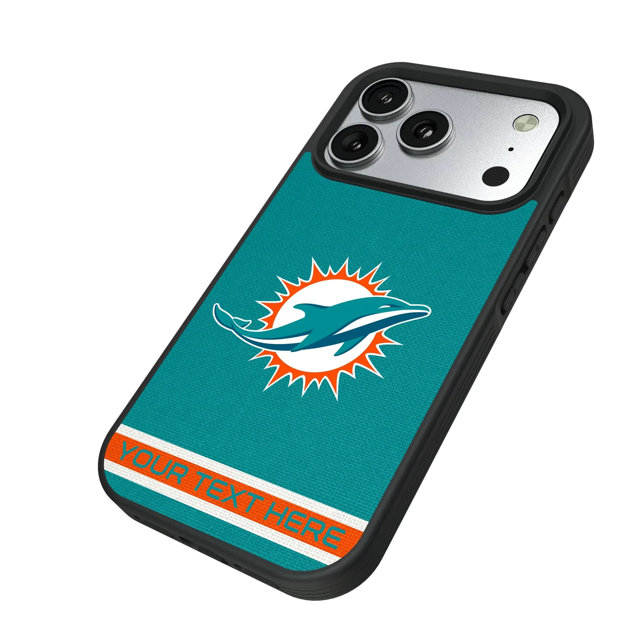 Miami Dolphins Personalized Stripe iPhone Bump Phone Case for Apple iPhone - Isometric View#Device_iPhone 17 Pro