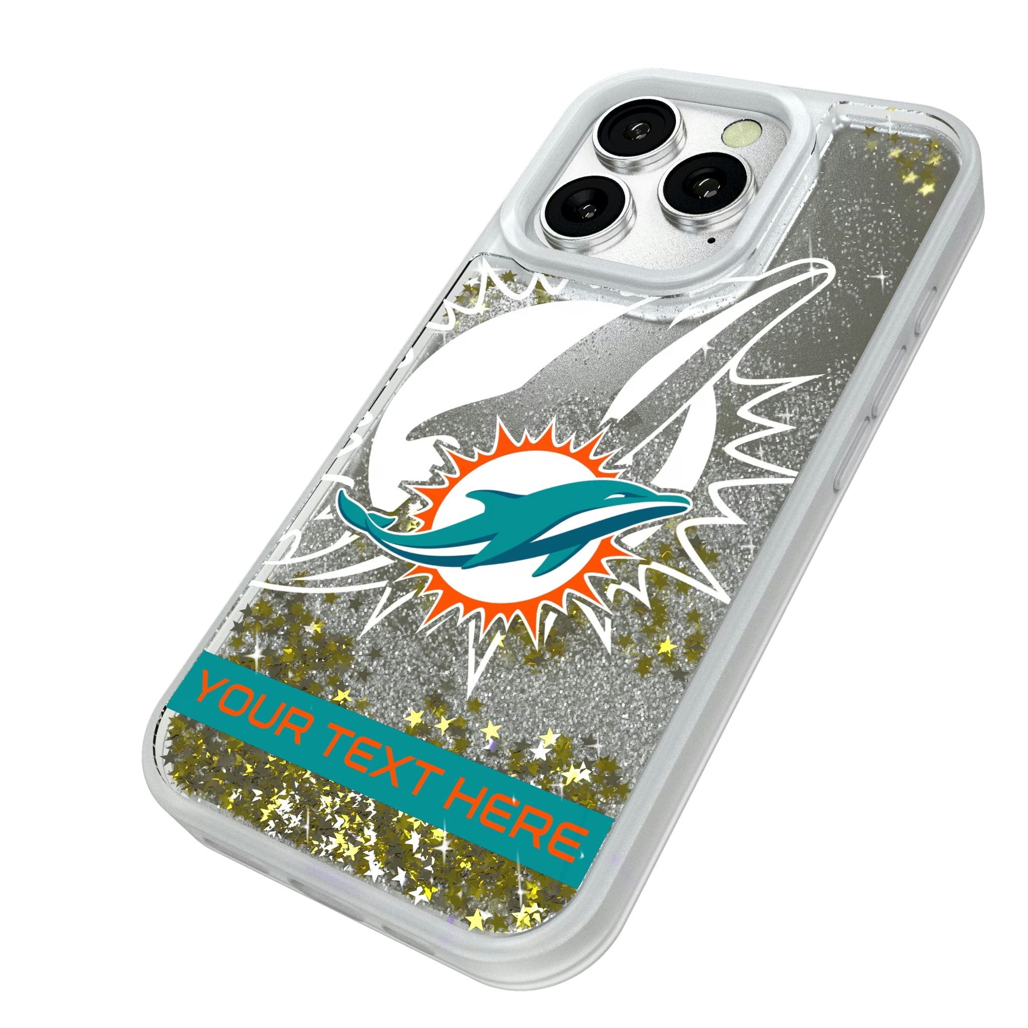 Miami Dolphins Personalized Tilt iPhone Glitter Phone Case for Apple iPhone - Isometric View#Device_iPhone 16 Pro