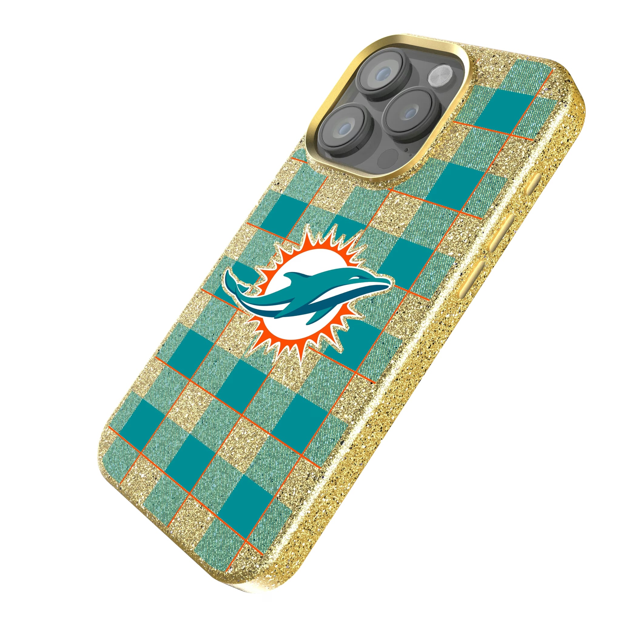 Miami Dolphins Plaid iPhone Bling Phone Case for Apple iPhone - Isometric View