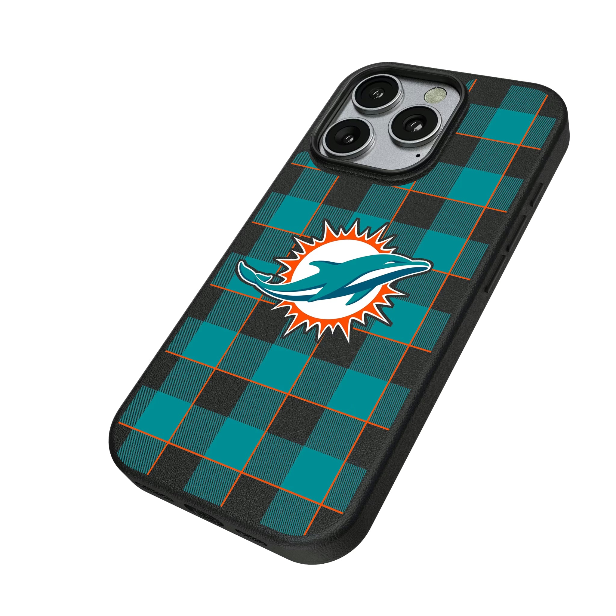 Miami Dolphins Plaid iPhone MagSafe Compatible Phone Case for Apple iPhone - Isometric View