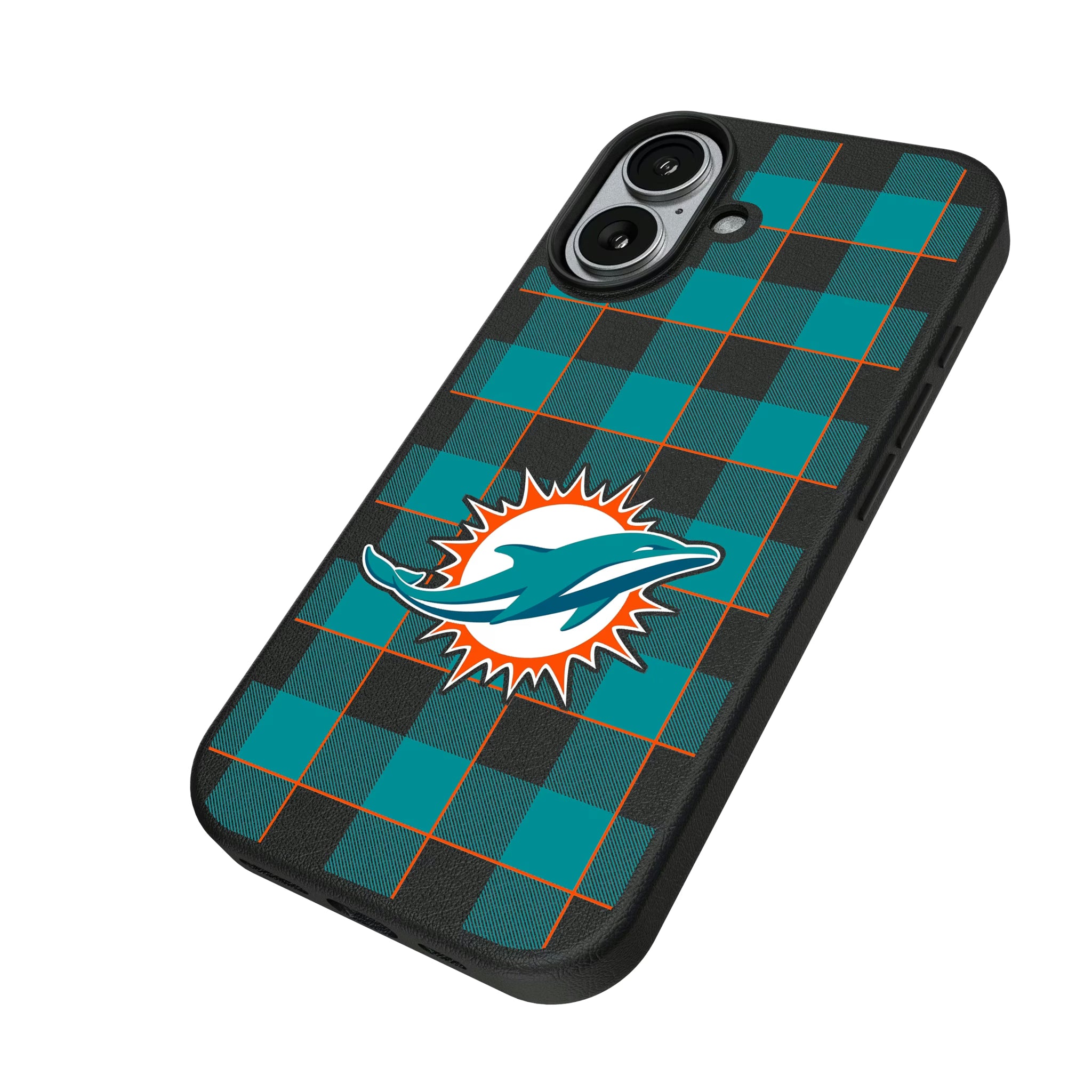 Miami Dolphins Plaid iPhone MagSafe Compatible Phone Case for Apple iPhone - Isometric View#Device_iPhone 17