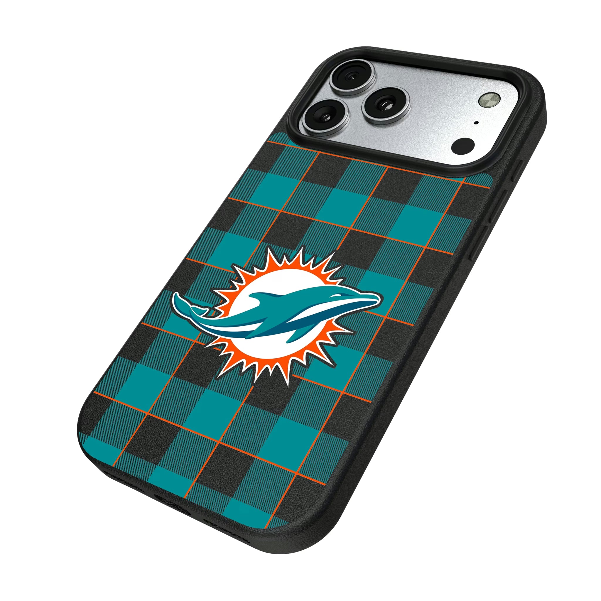 Miami Dolphins Plaid iPhone MagSafe Compatible Phone Case for Apple iPhone - Isometric View#Device_iPhone 17 Pro Max