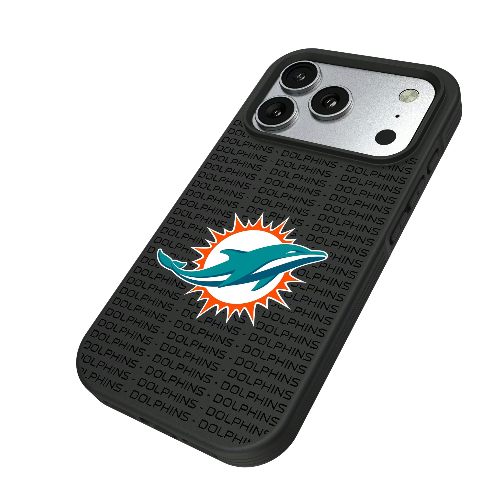Miami Dolphins Text Backdrop iPhone Bump Phone Case for Apple iPhone - Isometric View#Device_iPhone 17 Pro