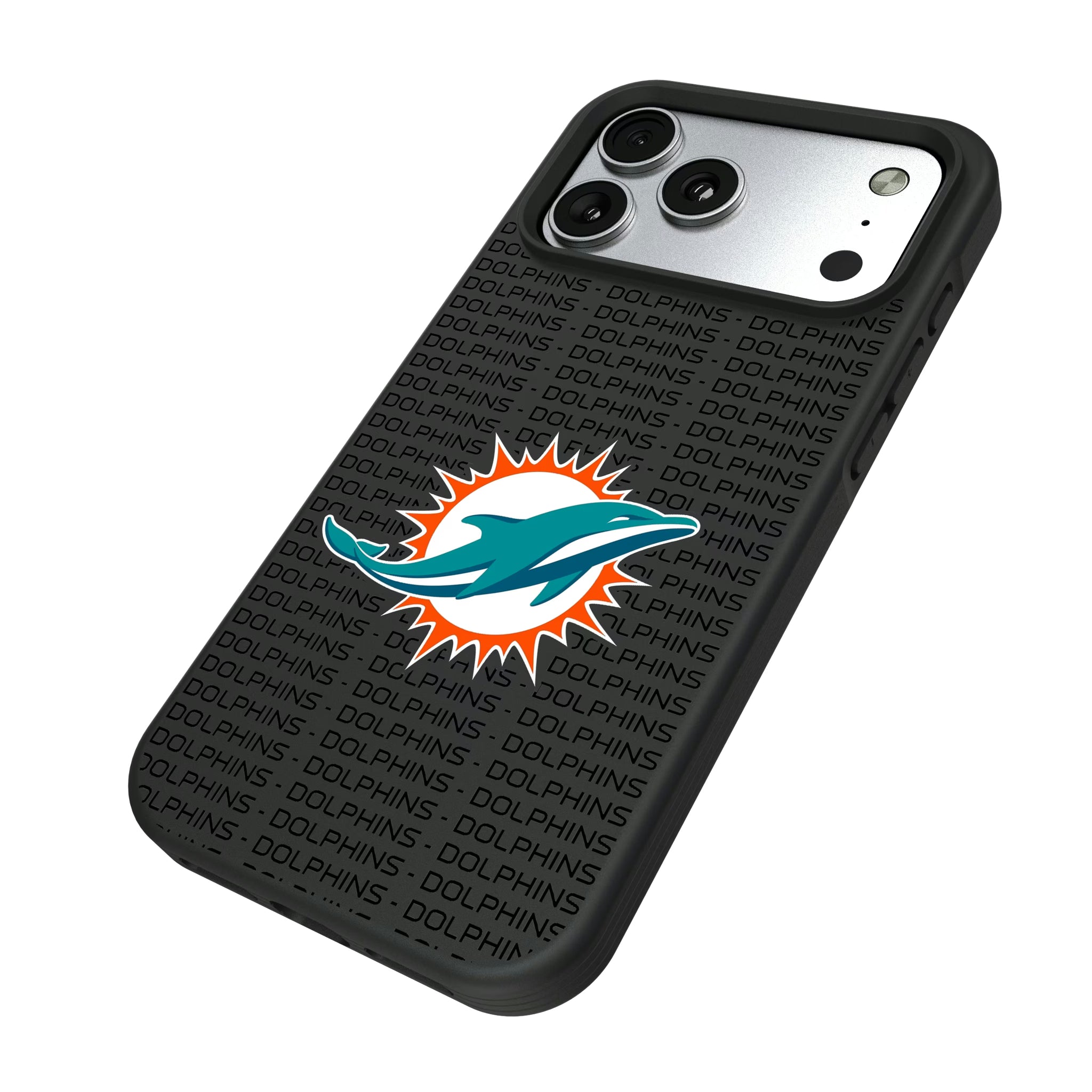 Miami Dolphins Text Backdrop iPhone Bump Phone Case for Apple iPhone - Isometric View#Device_iPhone 17 Pro Max