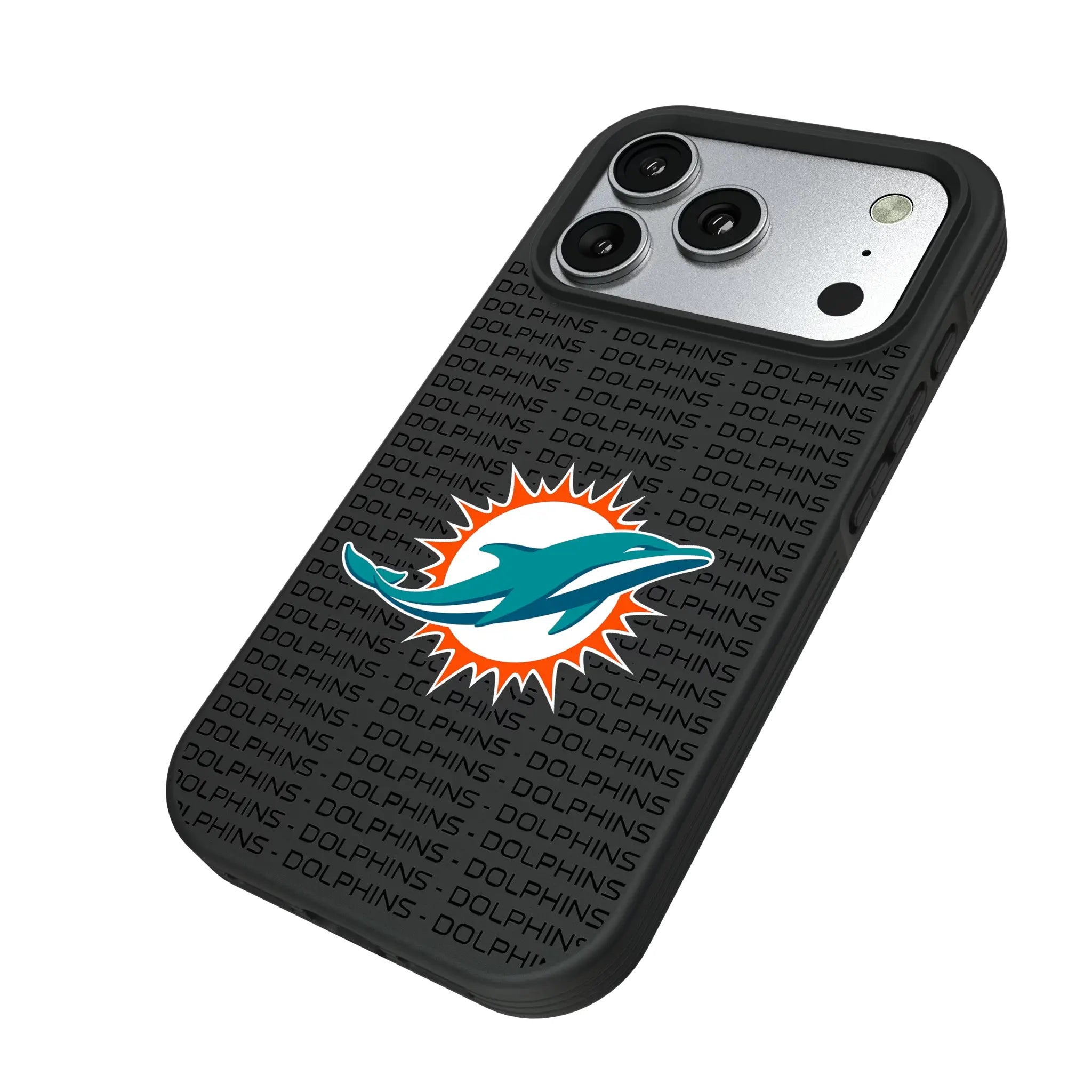 Miami Dolphins Text Backdrop iPhone Bump Phone Case for Apple iPhone - Isometric View#Device_iPhone 17 Pro