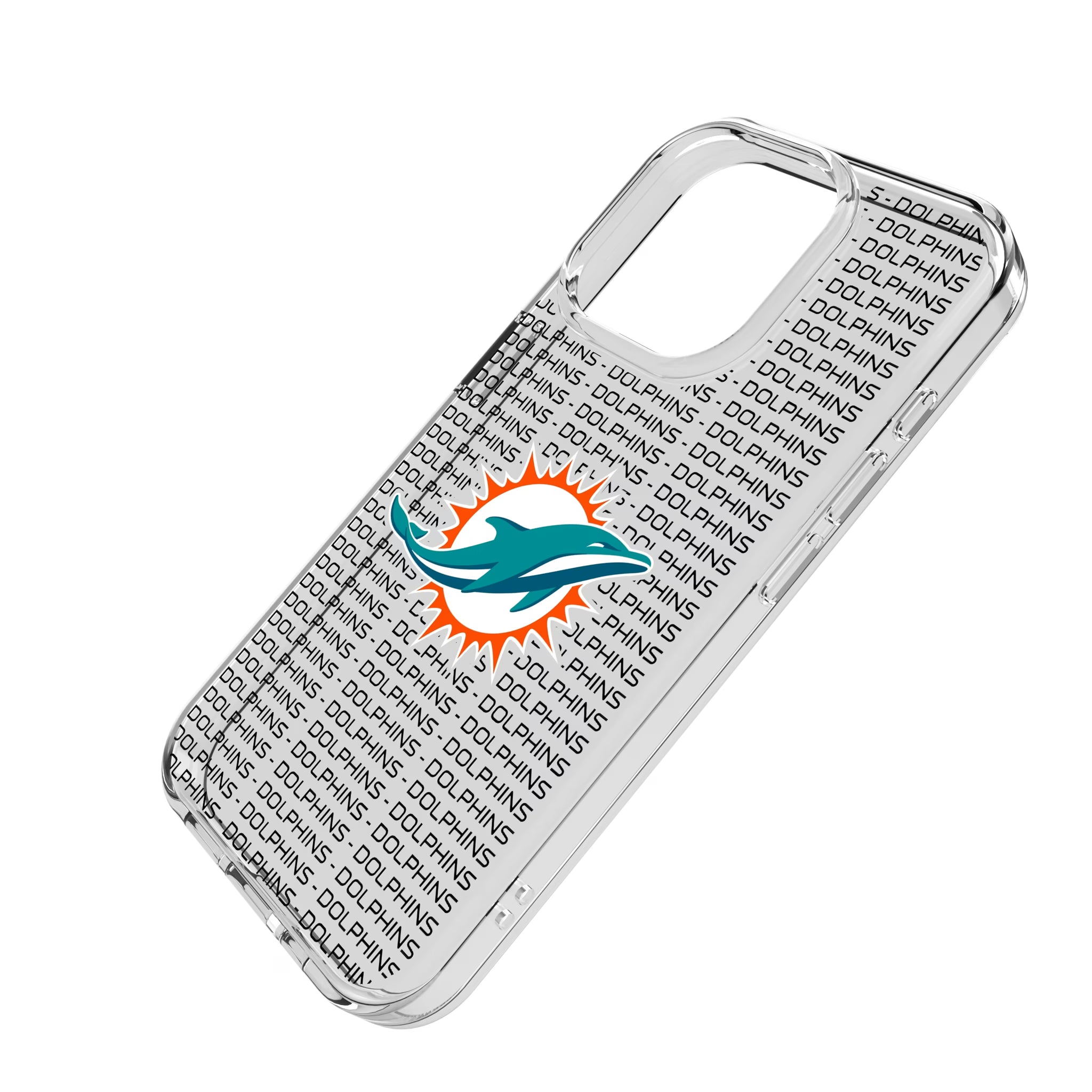 Miami Dolphins Text Backdrop iPhone Clear Phone Case for Apple iPhone - Isometric View