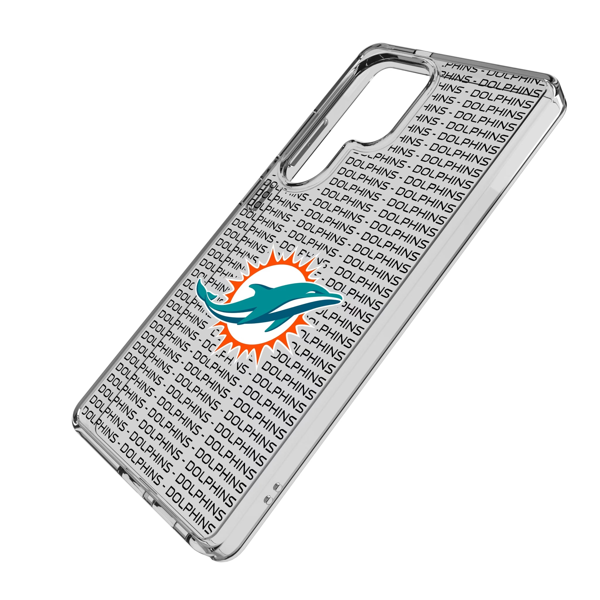 Miami Dolphins Text Backdrop Galaxy Clear Phone Case for Samsung Galaxy - Isometric View#Device_Galaxy S25 Ultra