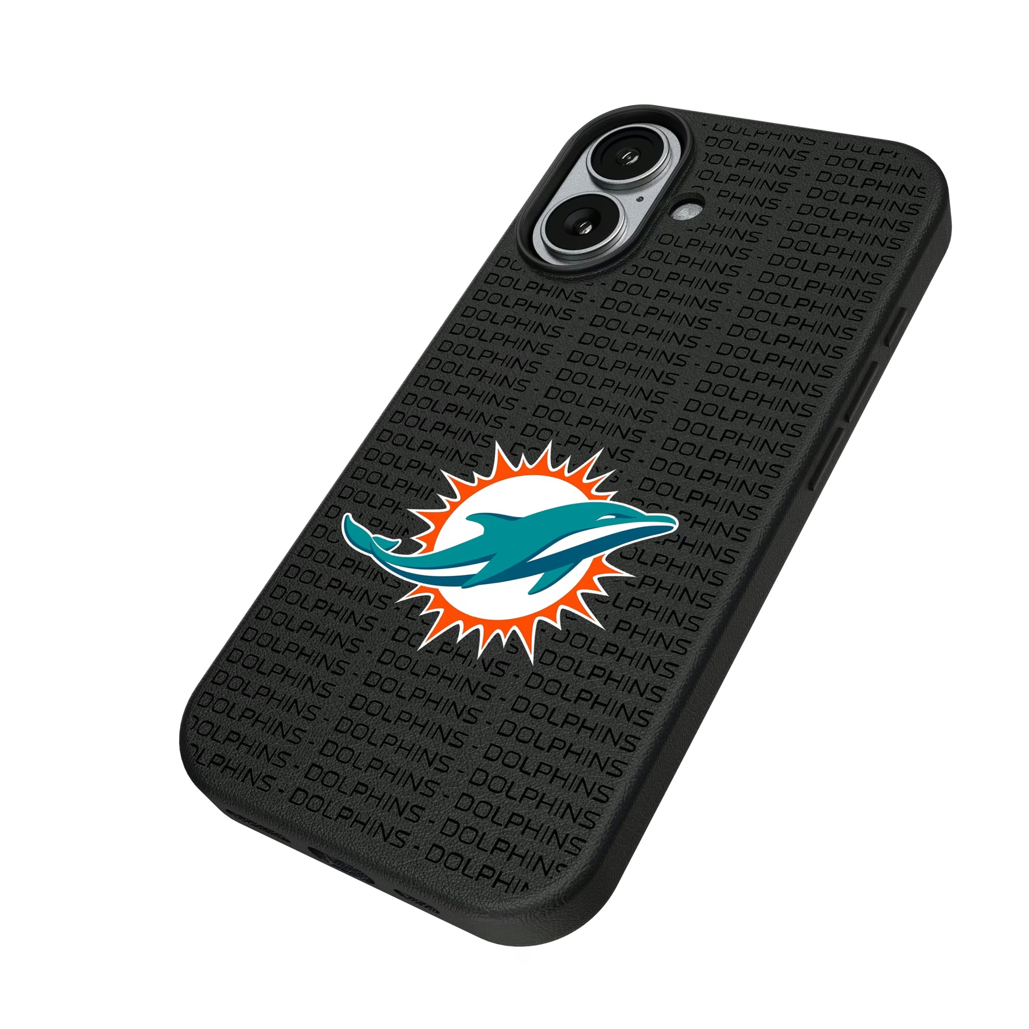 Miami Dolphins Text Backdrop iPhone MagSafe Compatible Phone Case for Apple iPhone - Isometric View#Device_iPhone 17
