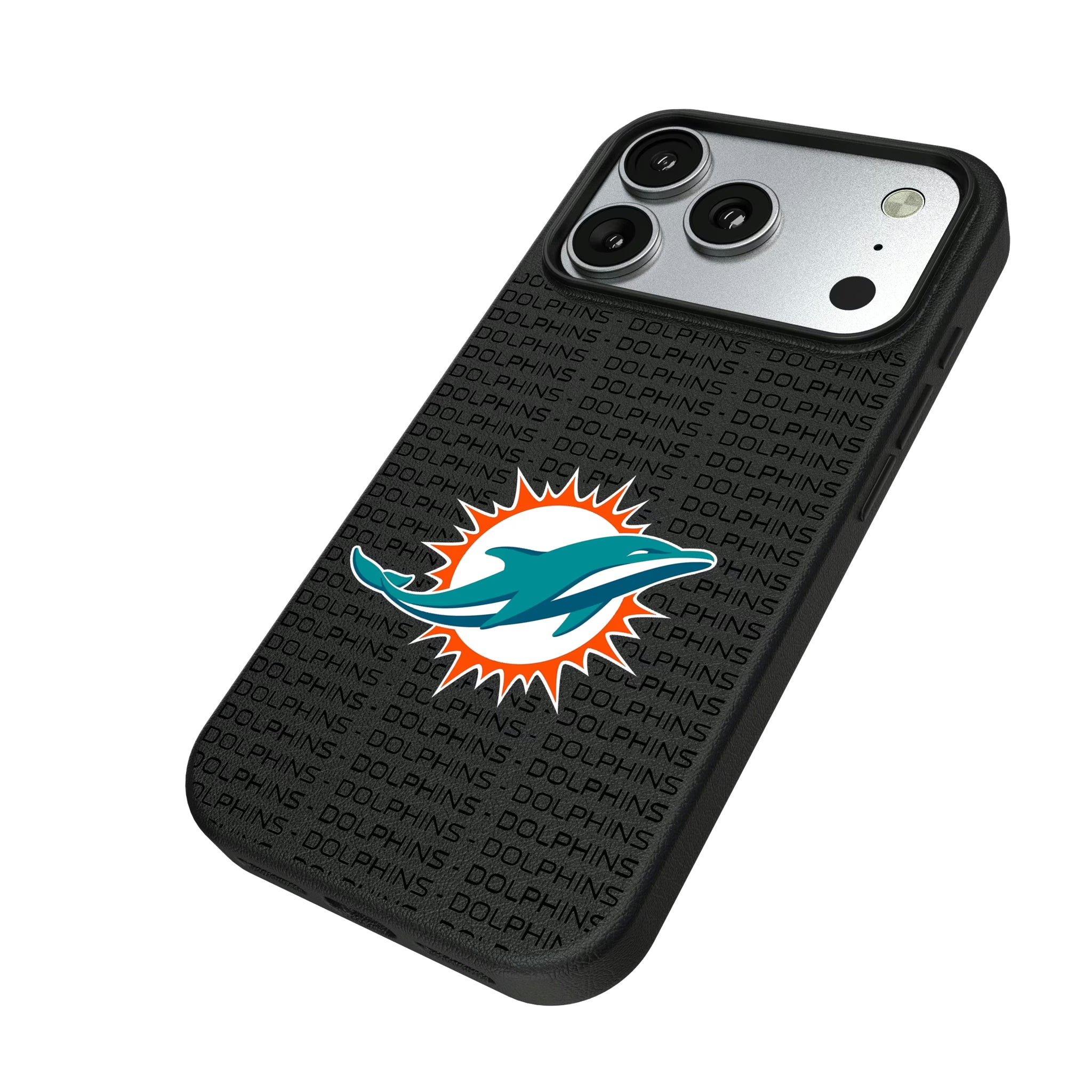 Miami Dolphins Text Backdrop iPhone MagSafe Compatible Phone Case for Apple iPhone - Isometric View#Device_iPhone 17 Pro