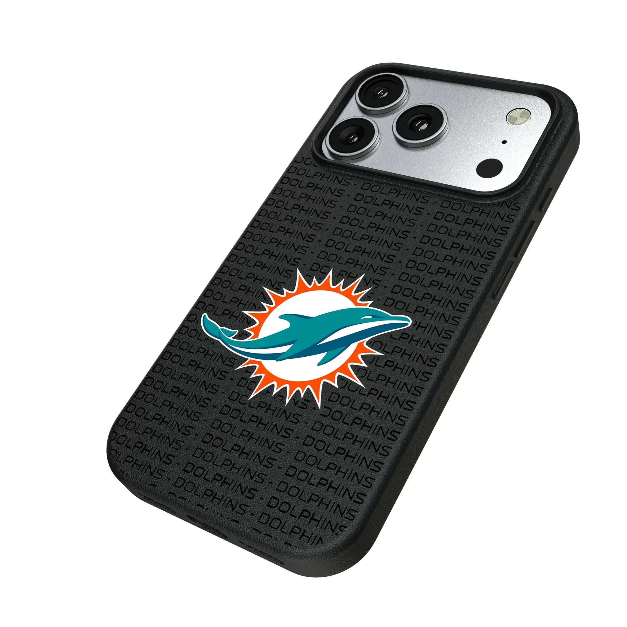 Miami Dolphins Text Backdrop iPhone MagSafe Compatible Phone Case for Apple iPhone - Isometric View#Device_iPhone 17 Pro