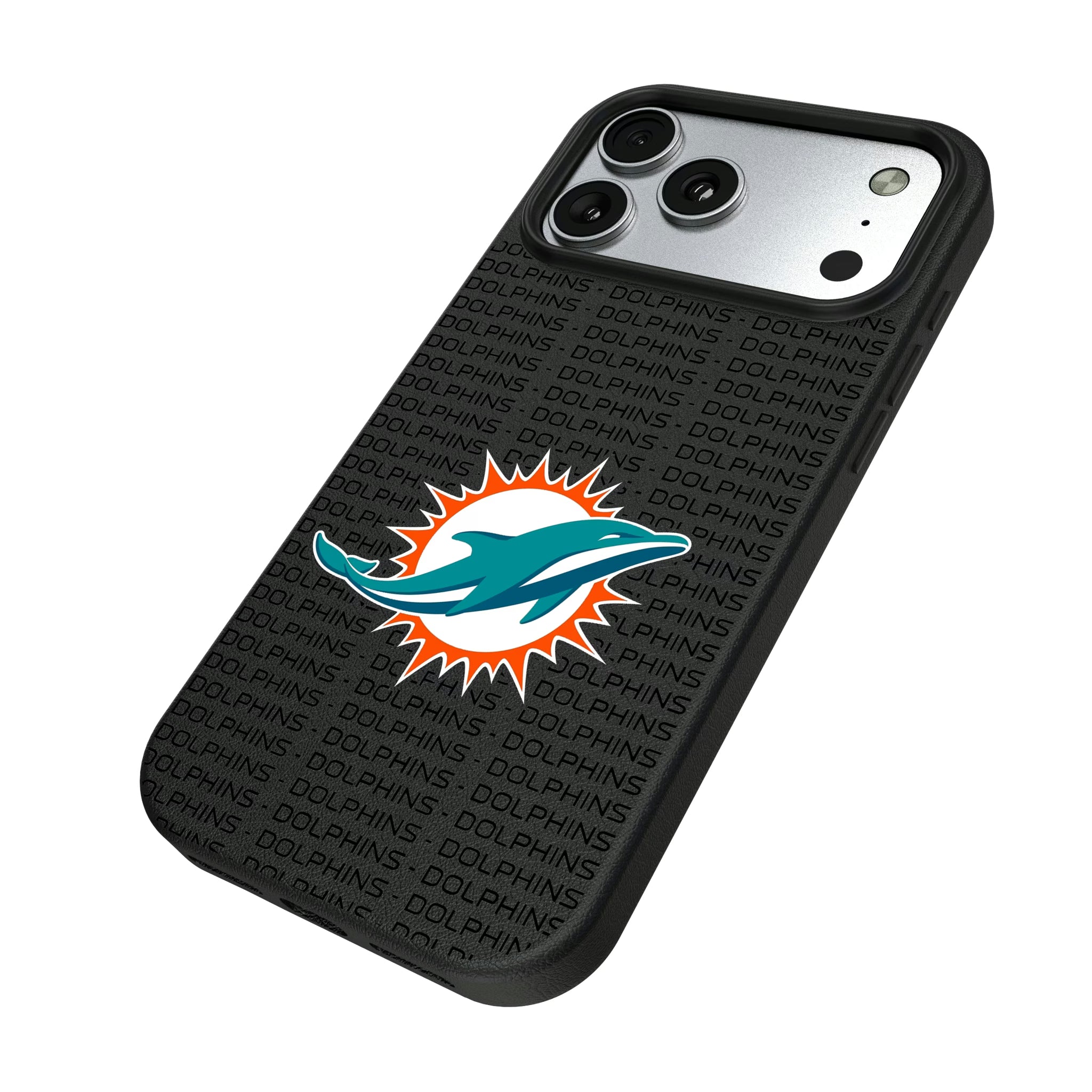 Miami Dolphins Text Backdrop iPhone MagSafe Compatible Phone Case for Apple iPhone - Isometric View#Device_iPhone 17 Pro Max