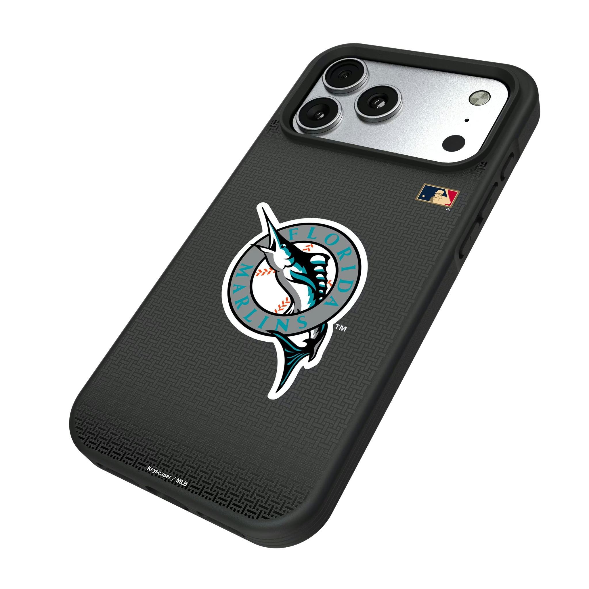 Miami Marlins 1993-2011 - Cooperstown Collection Linen iPhone Bump Phone Case for Apple iPhone - Isometric View#Device_iPhone 17 Pro Max