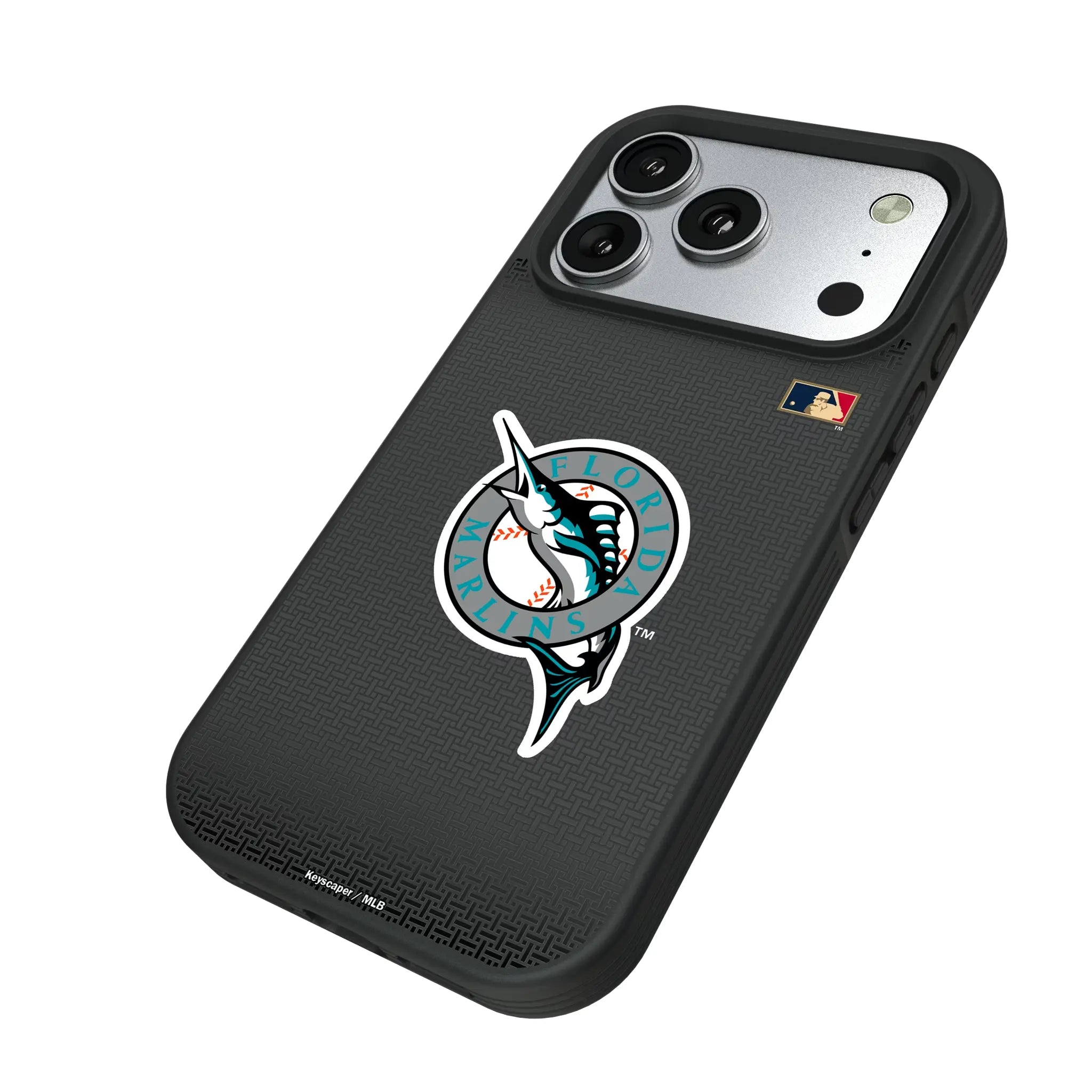 Miami Marlins 1993-2011 - Cooperstown Collection Linen iPhone Bump Phone Case for Apple iPhone - Isometric View#Device_iPhone 17 Pro