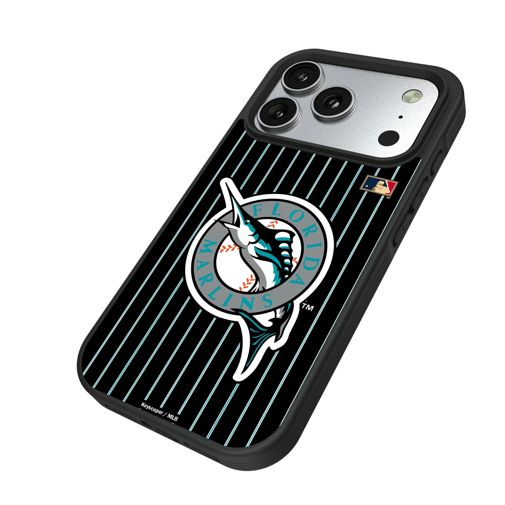 Miami Marlins 1993-2011 - Cooperstown Collection Pinstripe iPhone Bump Phone Case for Apple iPhone - Isometric View#Device_iPhone 17 Pro