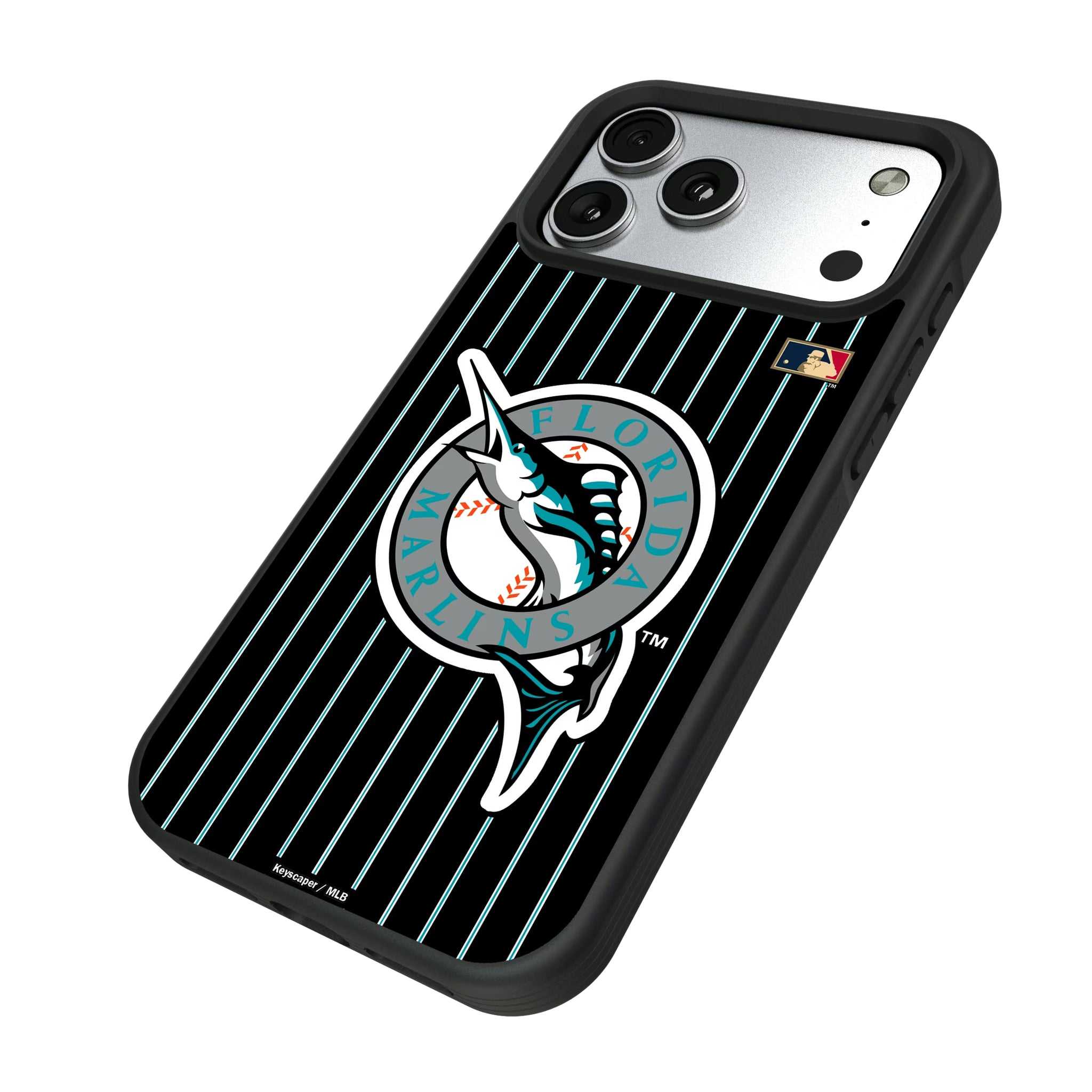 Miami Marlins 1993-2011 - Cooperstown Collection Pinstripe iPhone Bump Phone Case for Apple iPhone - Isometric View#Device_iPhone 17 Pro Max