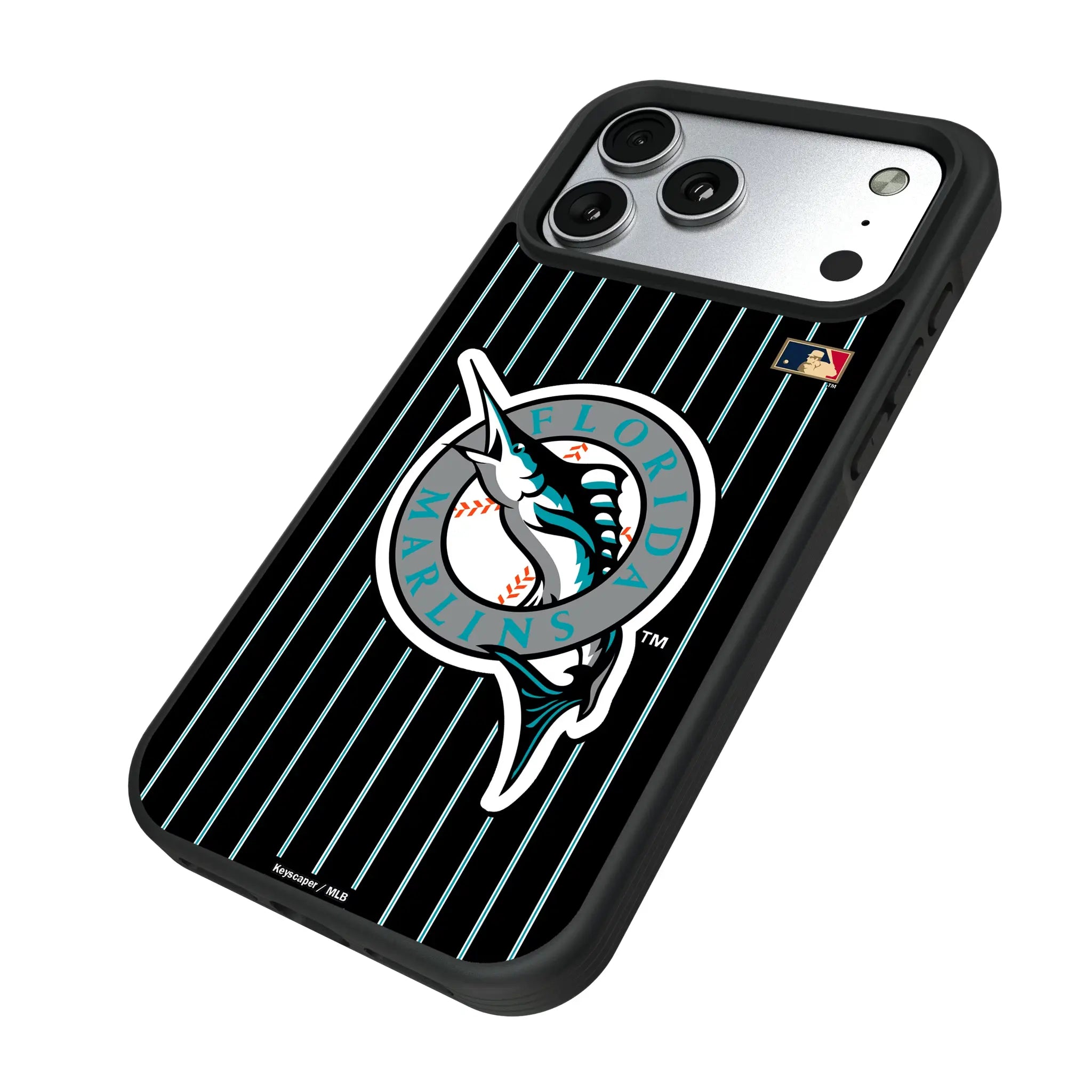 Miami Marlins 1993-2011 - Cooperstown Collection Pinstripe iPhone Bump Phone Case for Apple iPhone - Isometric View#Device_iPhone 17 Pro Max