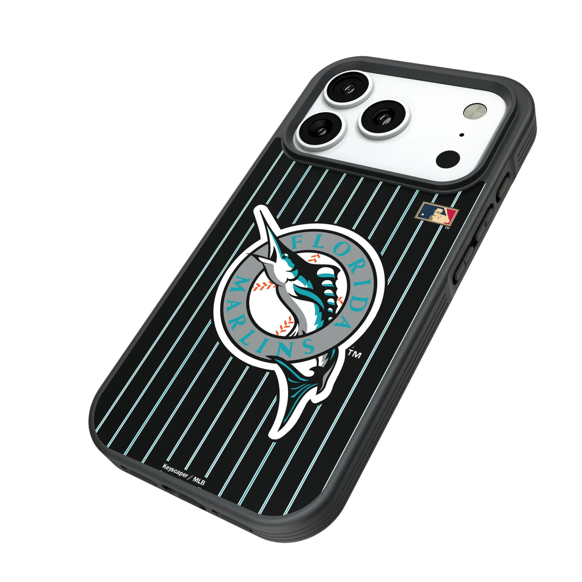 Miami Marlins 1993-2011 - Cooperstown Collection Pinstripe iPhone Bump Phone Case for Apple iPhone - Isometric View#Device_iPhone 18 Pro