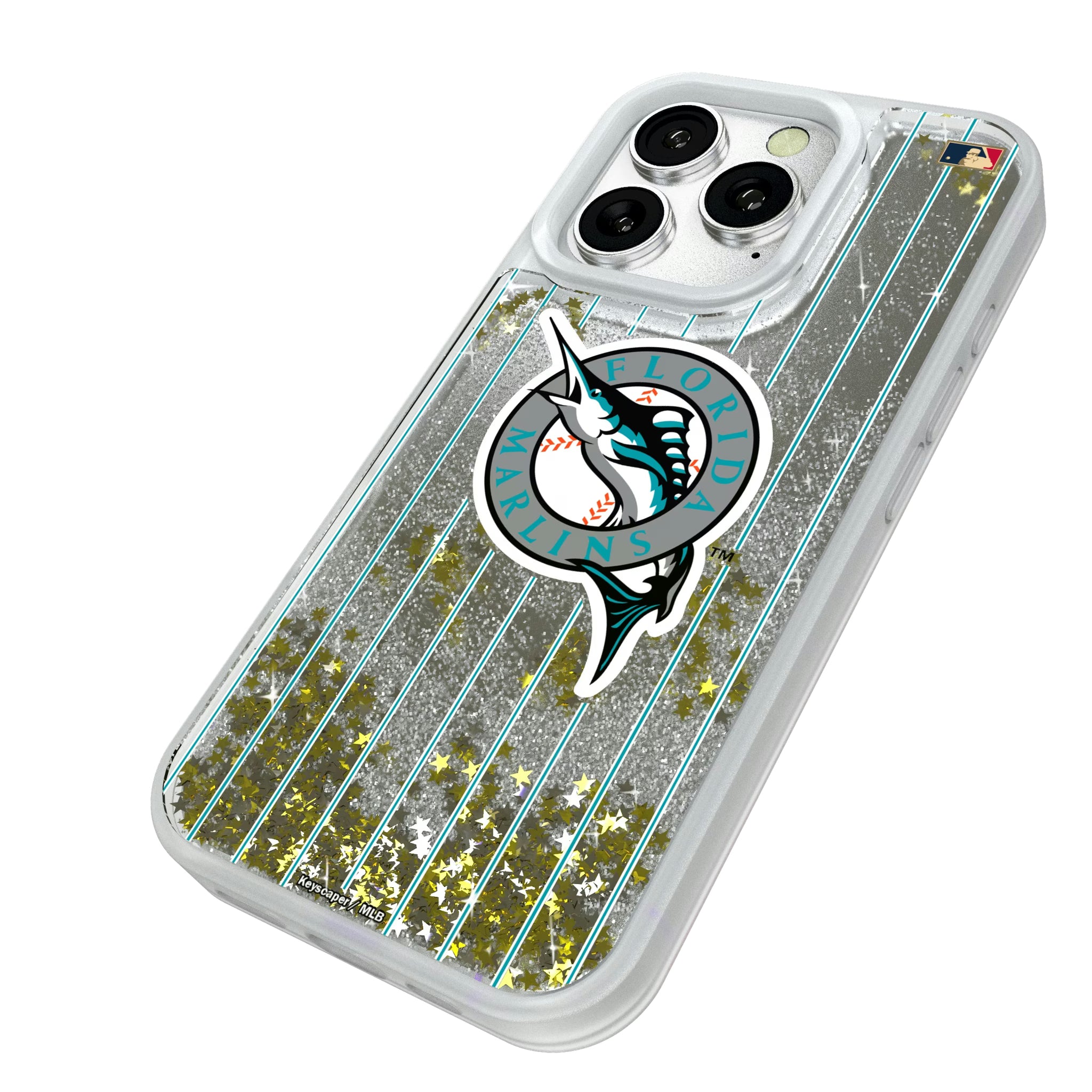 Miami Marlins 1993-2011 - Cooperstown Collection Pinstripe iPhone Glitter Phone Case for Apple iPhone - Isometric View#Device_iPhone 16 Pro