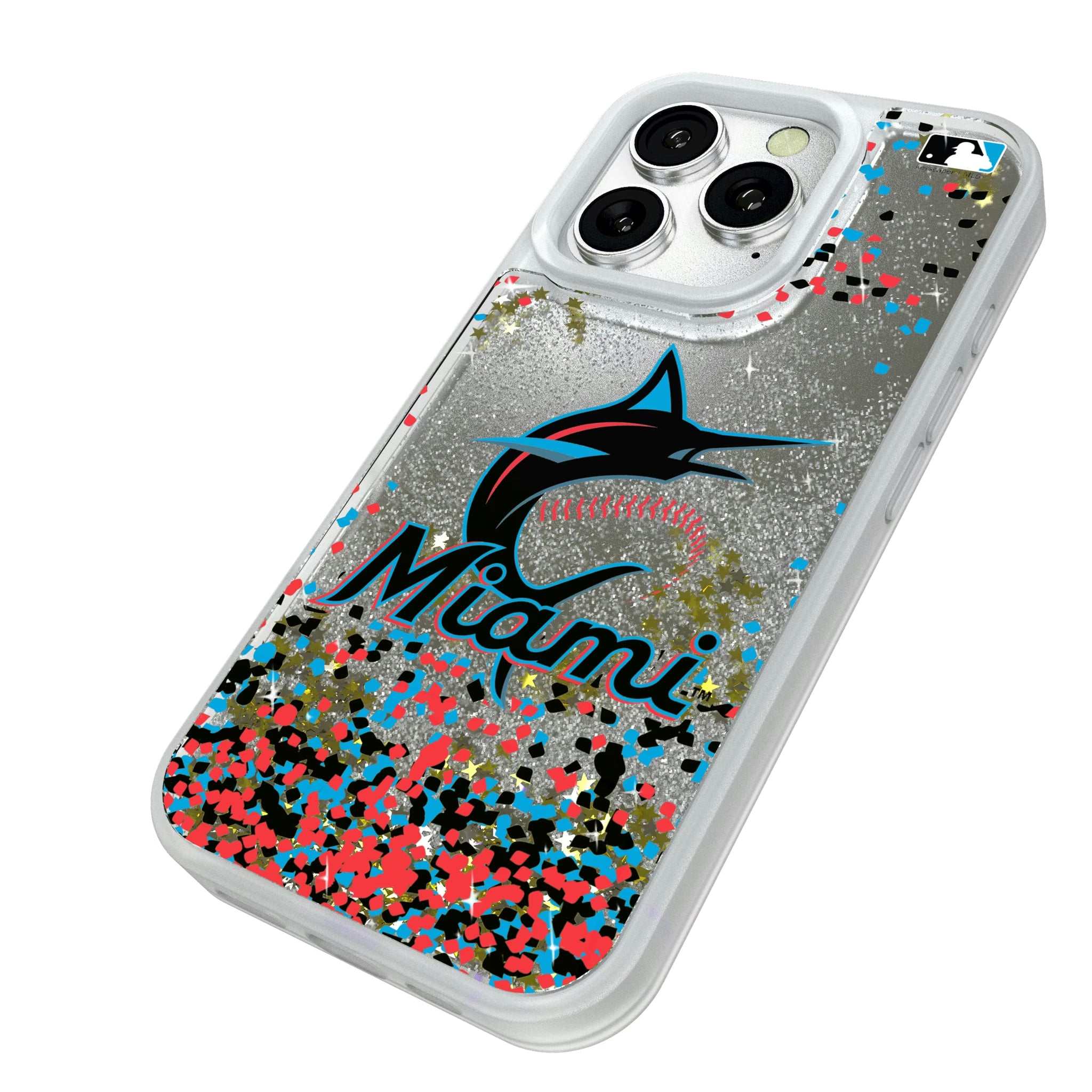 Miami Marlins Confetti iPhone Glitter Phone Case for Apple iPhone - Isometric View#Device_iPhone 16 Pro