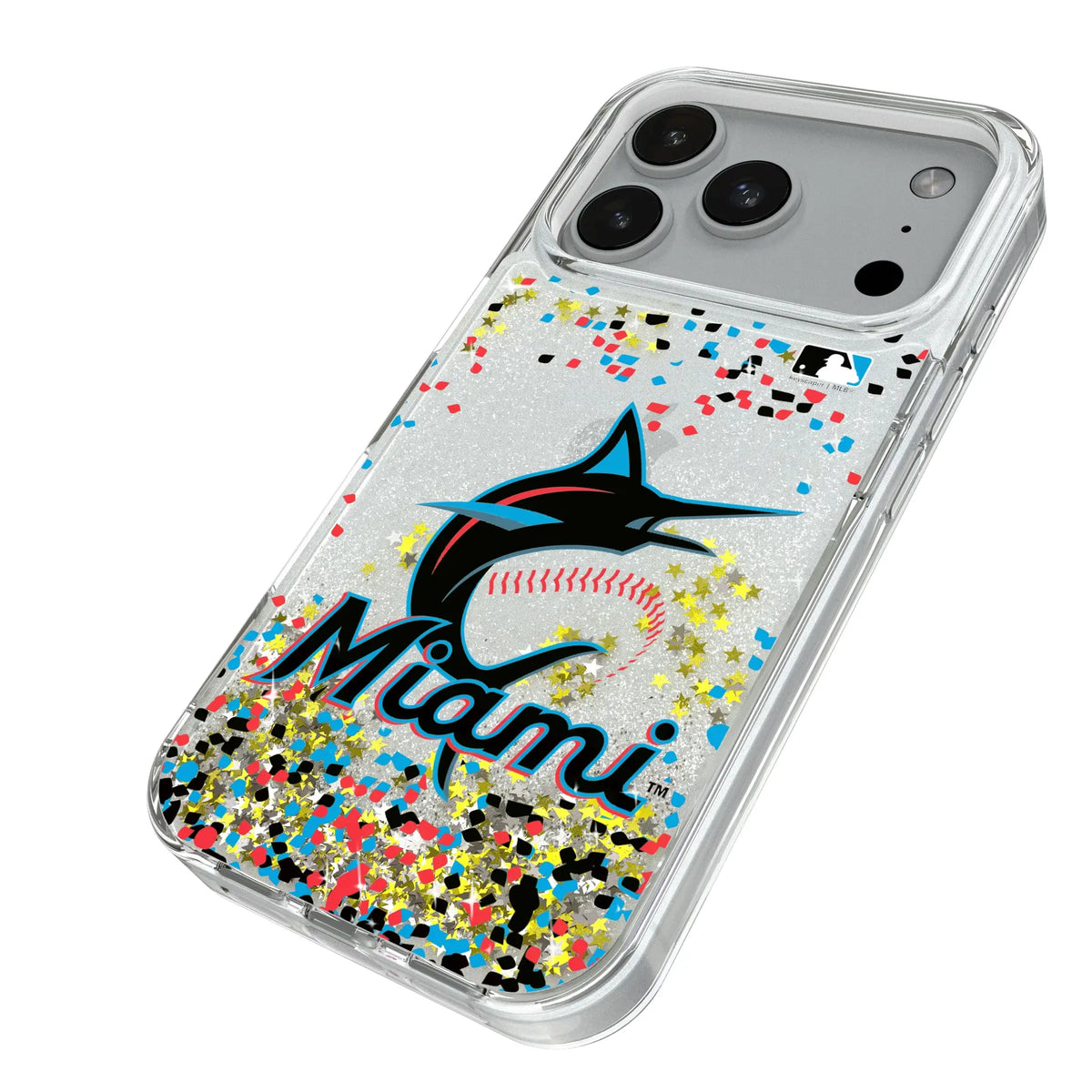 Miami Marlins Confetti iPhone Glitter Phone Case for Apple iPhone - Isometric View#Device_iPhone 18 Pro