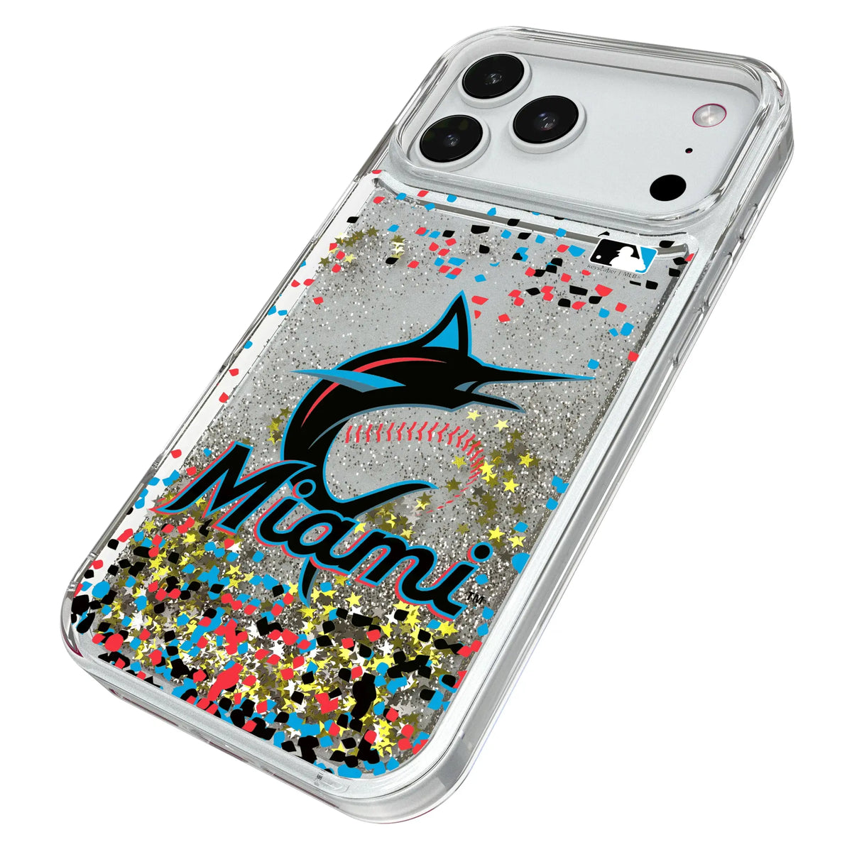 Miami Marlins Confetti iPhone Glitter Phone Case for Apple iPhone - Isometric View#Device_iPhone 18 Pro Max