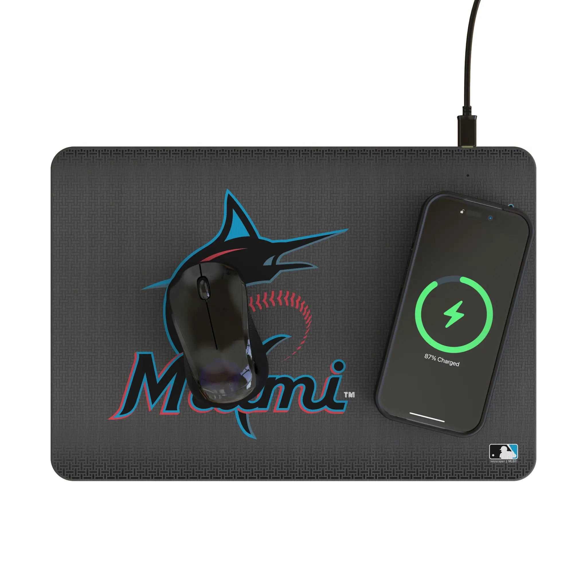 Miami Marlins Linen 15-Watt Wireless Charger and Mouse Pad - Lifestyle